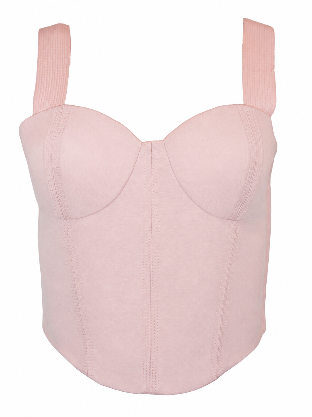 A vintage Versace 1980's light pink structured bustier top with wide shoulder straps, molded cups, and vertical seam detailing