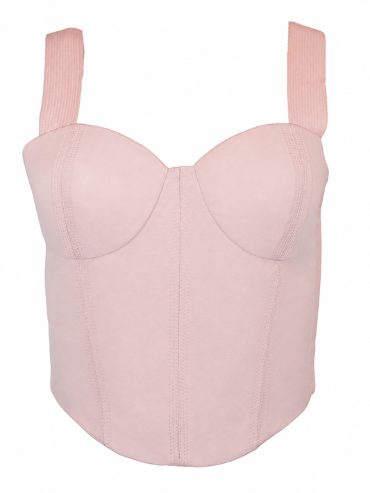A vintage Versace 1980's light pink structured bustier top with wide shoulder straps, molded cups, and vertical seam detailing