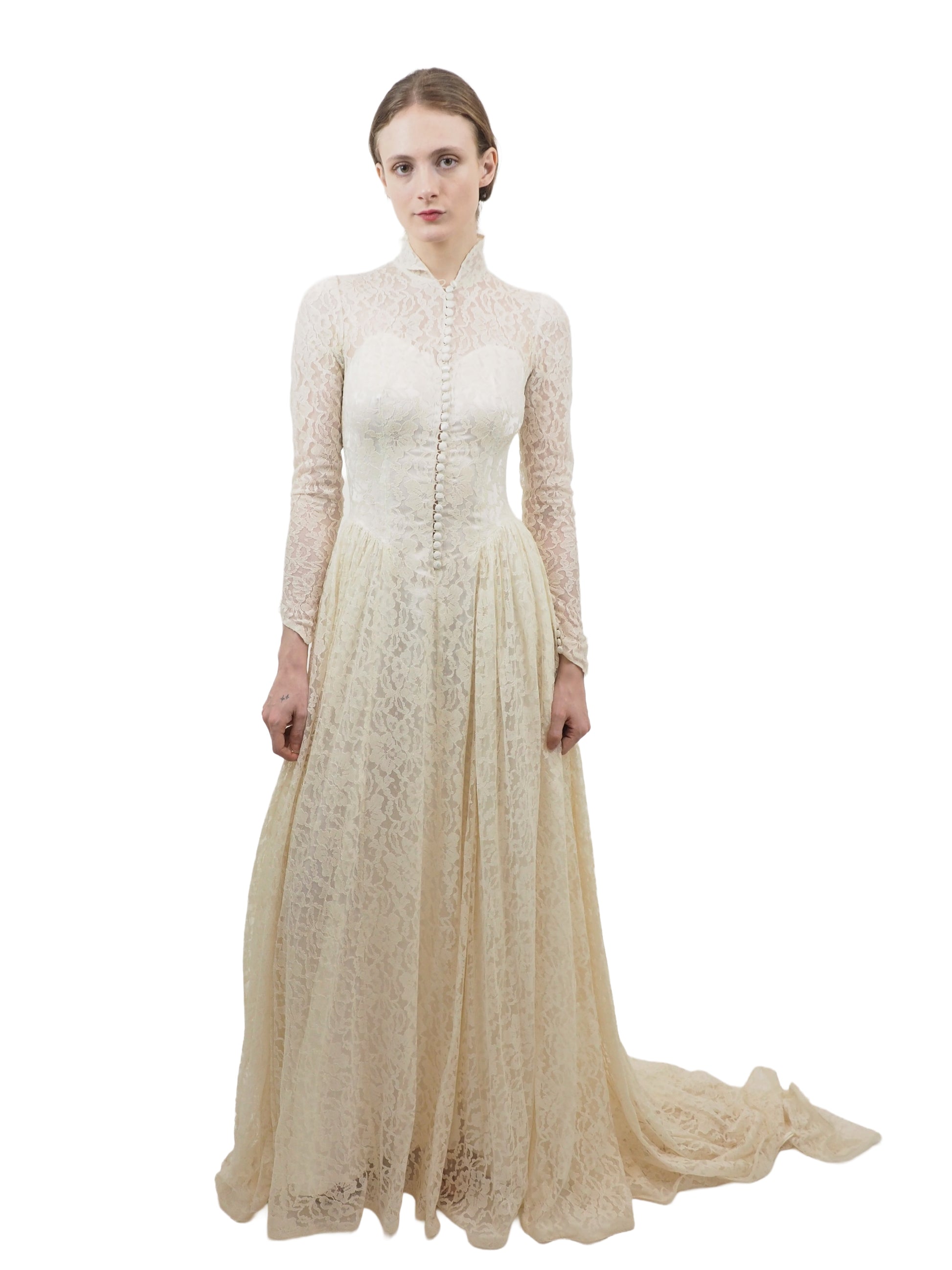 Vintage 1950's Lace Bridal Gown w Collar & Train