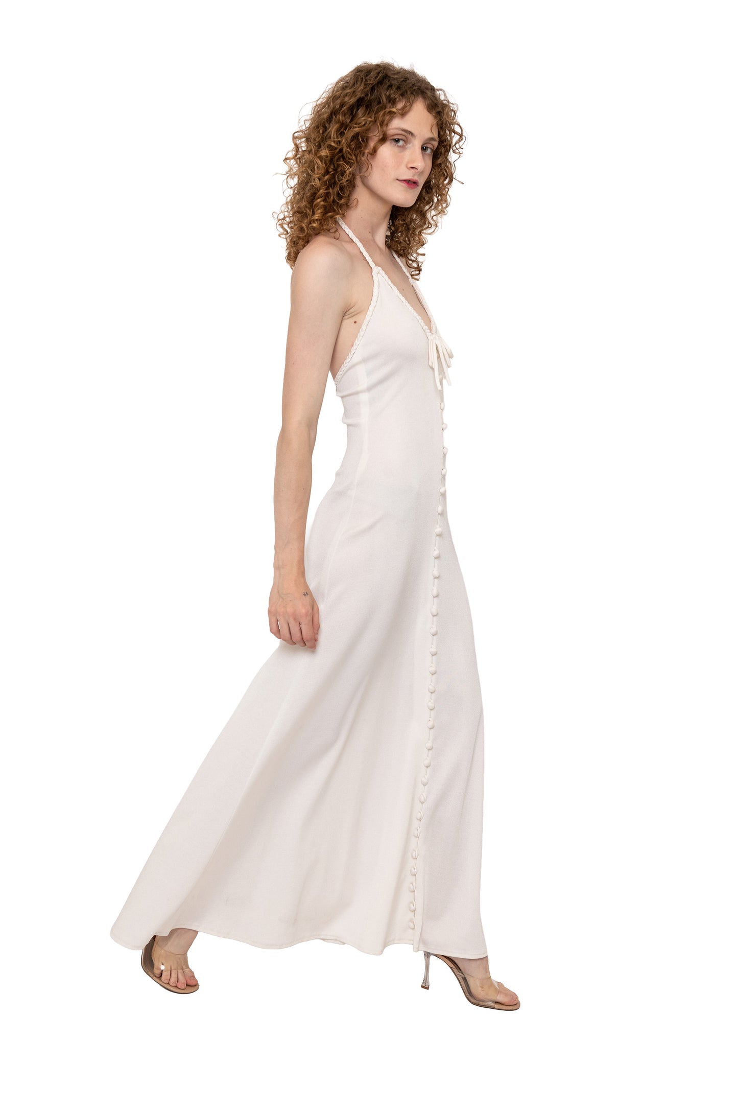 Loris Azzaro 1970's halter dress in white, ivory, cream. Braided details, button down. Bridal, wedding, honeymoon, gown