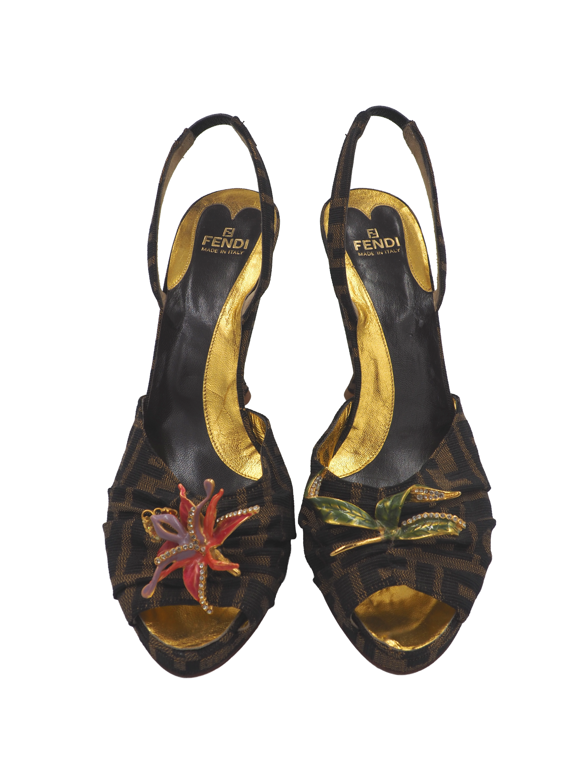 vintage fendi high heels with monogram logo and embellishments