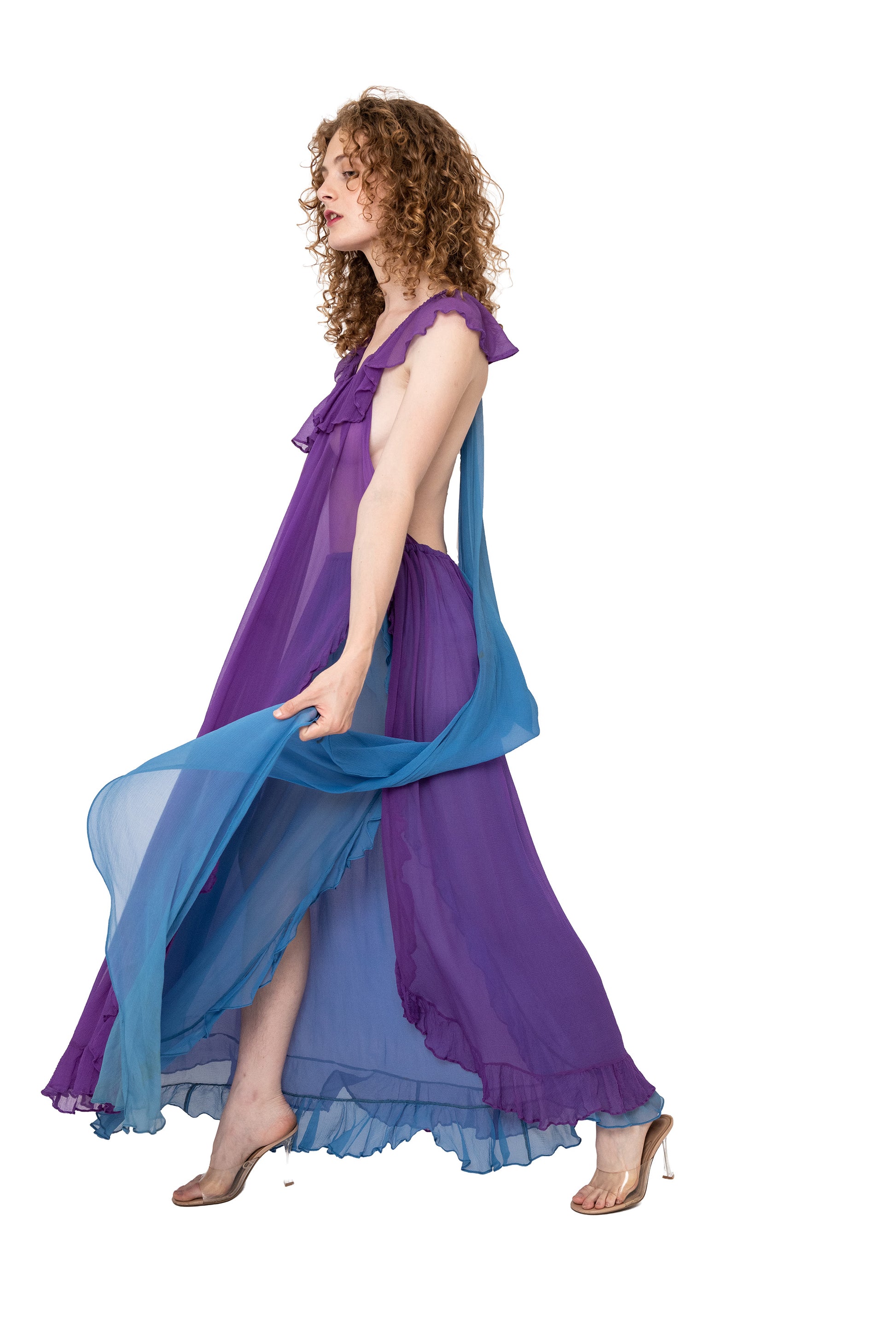 vintage yves saint laurent maxi dress fro 1980, 80s, runway, designer, purple, blue, formal gown