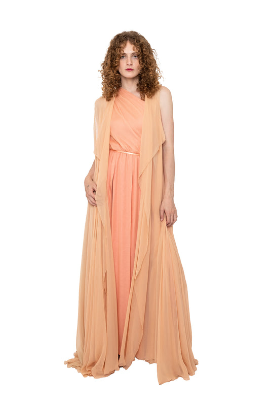 vintage gown by galanos, one shoulder, asymmetric, pink, rose, chiffon, retro, wedding, vacation dress