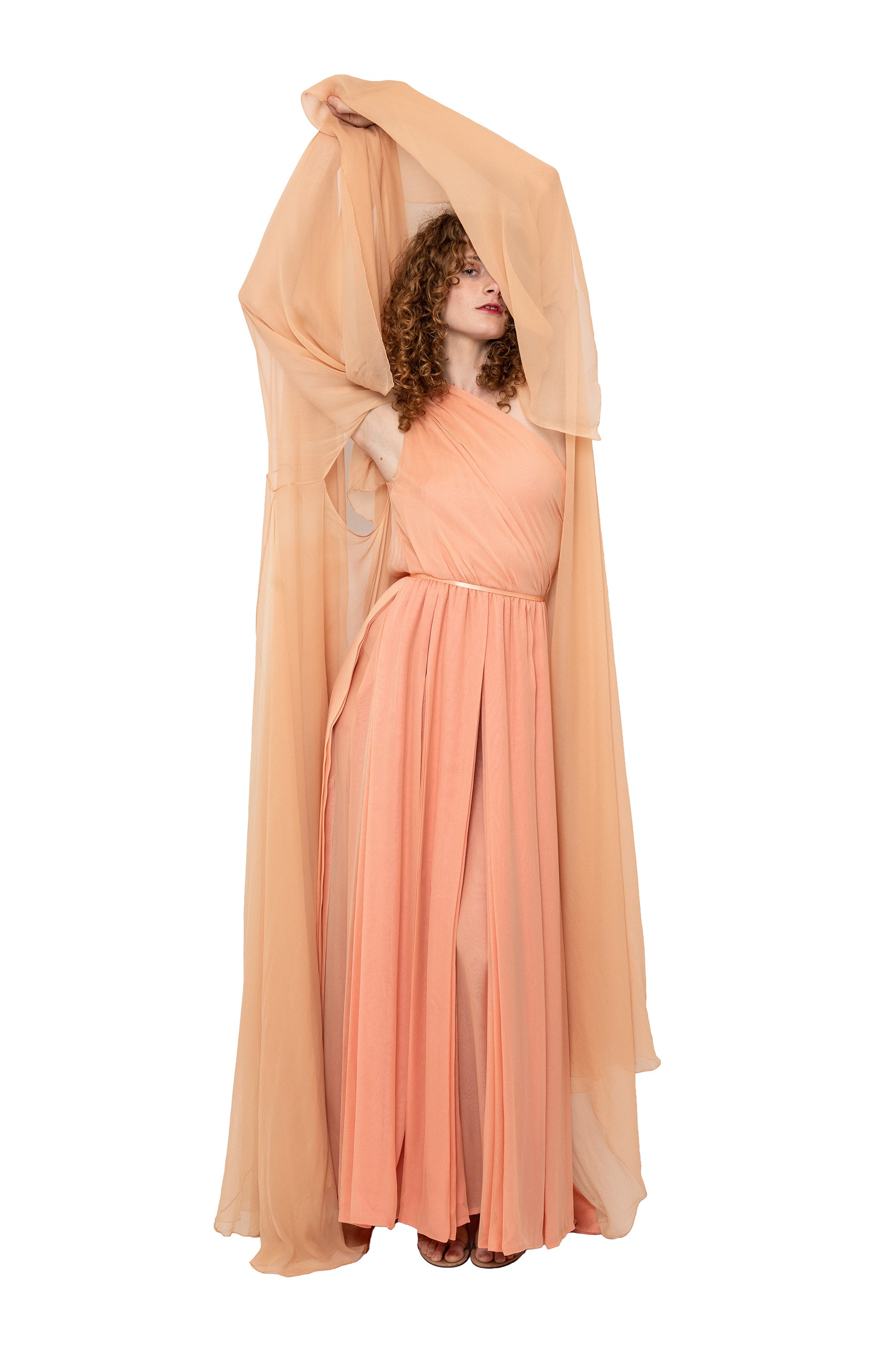 vintage gown by galanos, one shoulder, asymmetric, pink, rose, chiffon, retro, wedding, vacation dress