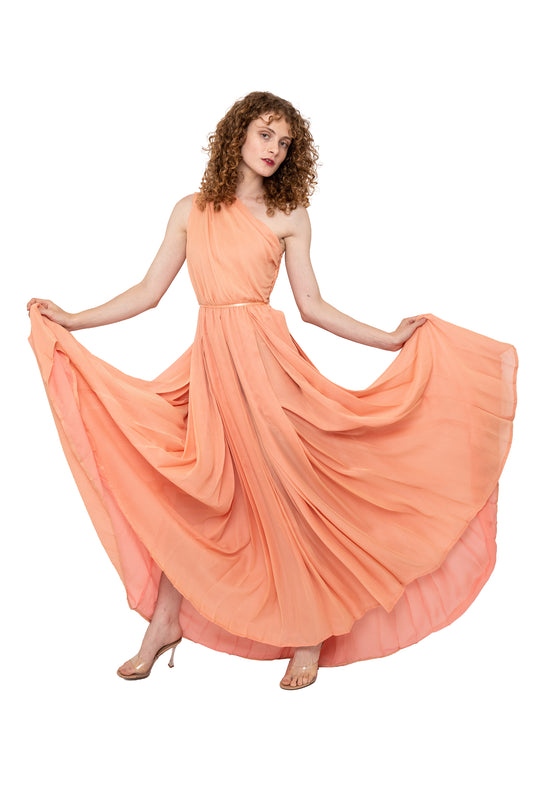 vintage gown by galanos, one shoulder, asymmetric, pink, rose, chiffon, retro, wedding, vacation dress