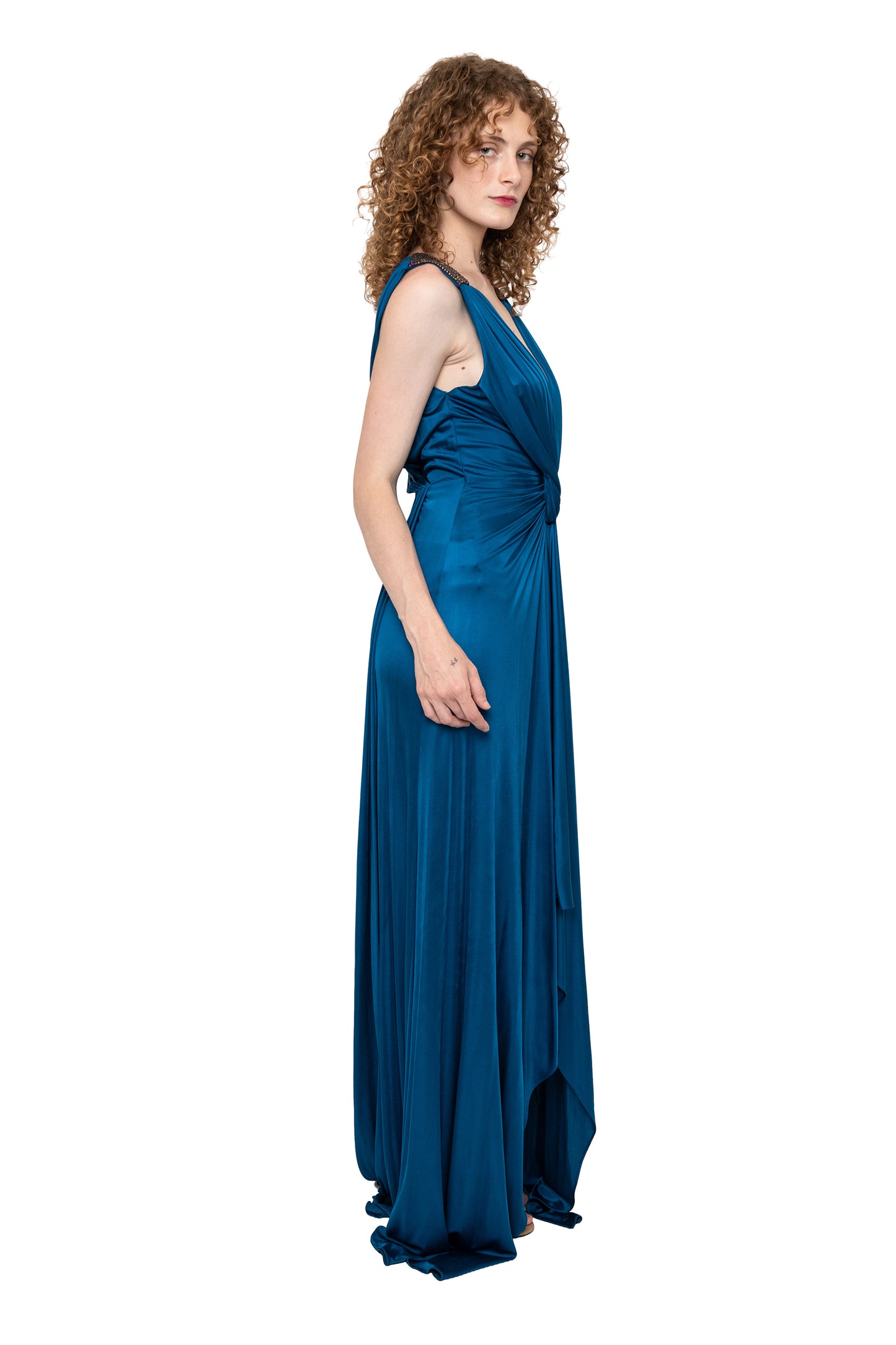 Vintage Roberto Cavalli Blue Jersey Rhinestone Straps Draped bridesmaid dress formal