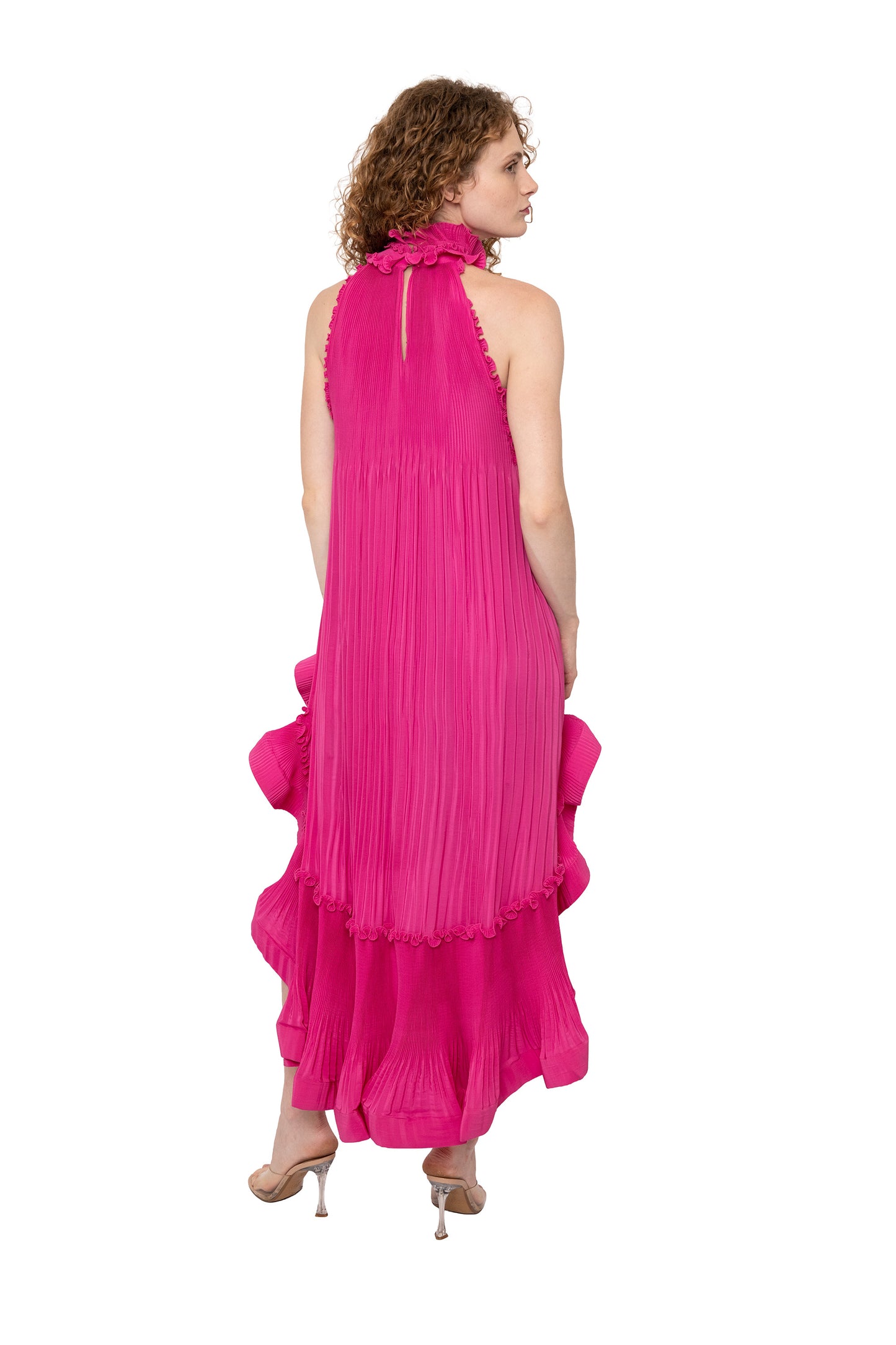 vintage ungaro dress in pink fuchsia with ruffles and high neckline