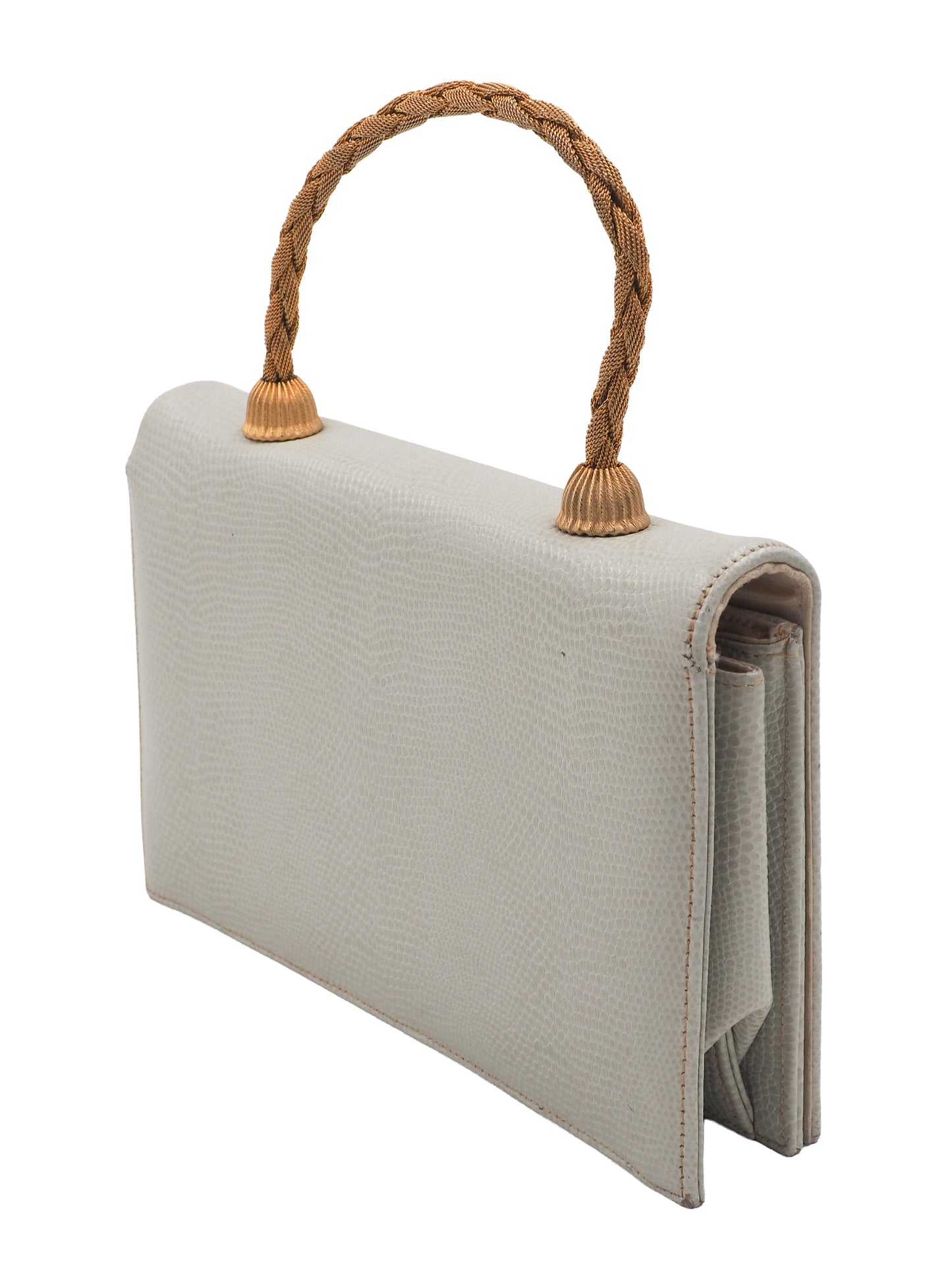 A vintage white lizard textured leather clutch handbag with a braided tan rope handle and gold-toned metal accents