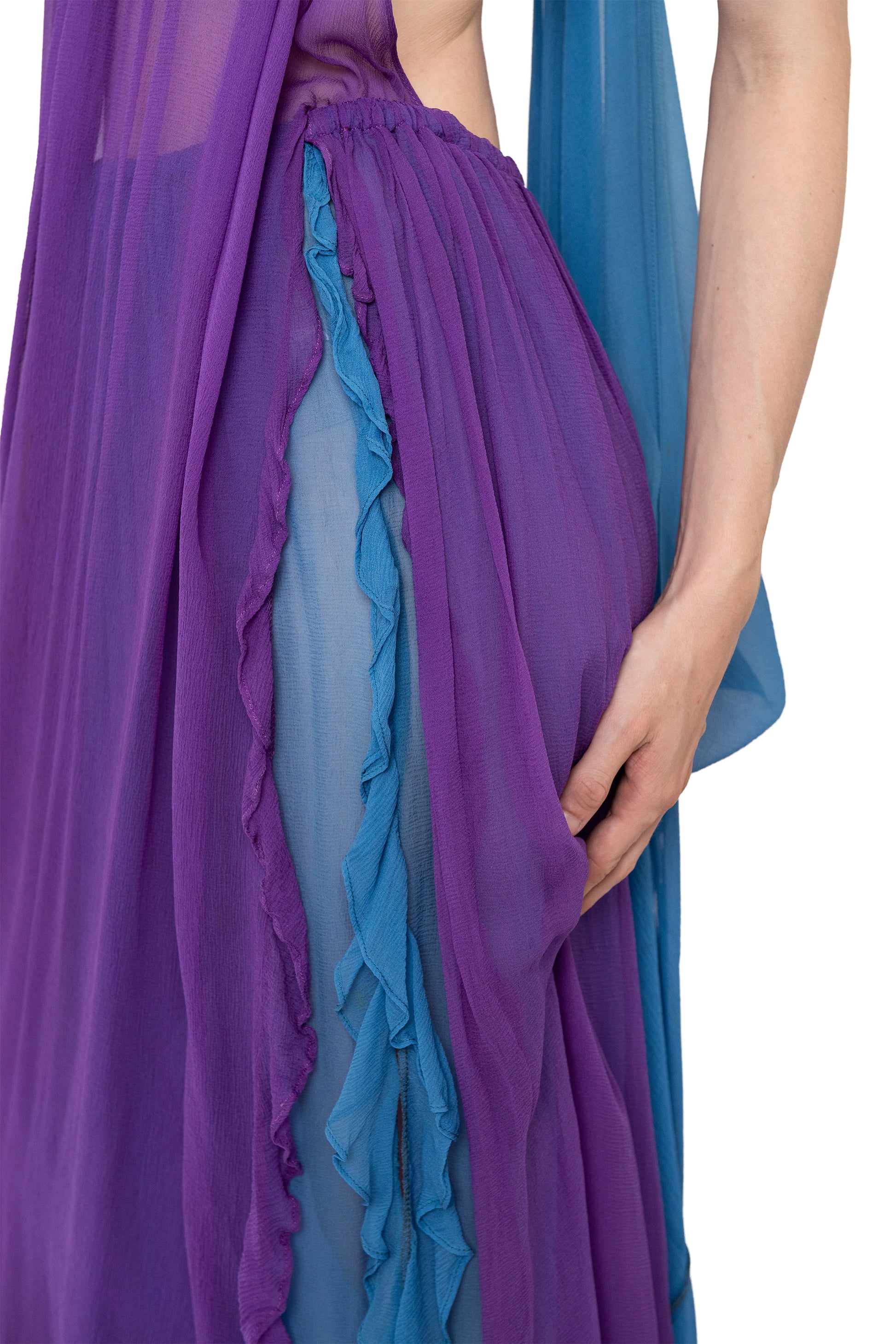 vintage yves saint laurent maxi dress fro 1980, 80s, runway, designer, purple, blue, formal gown
