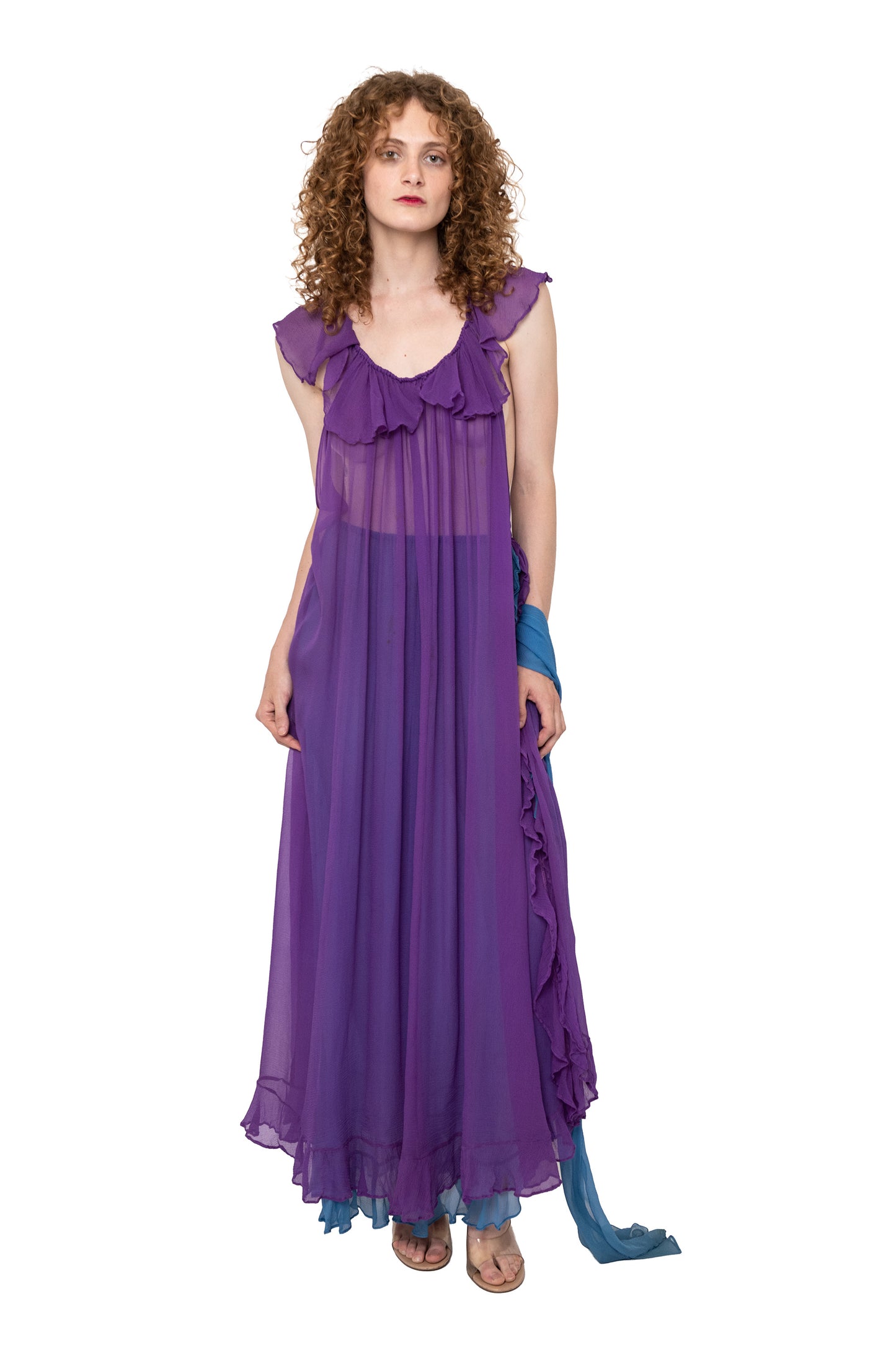 vintage yves saint laurent maxi dress fro 1980, 80s, runway, designer, purple, blue, formal gown