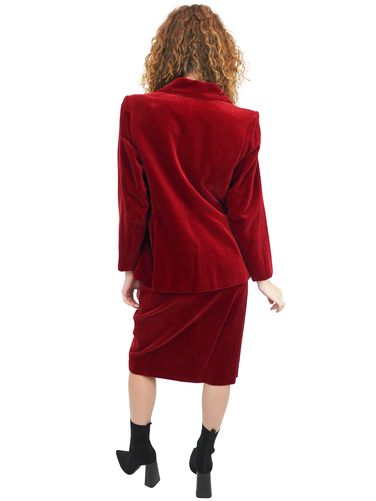 A vintage YSL matching deep red velvet blazer with graphic buttons and skirt set