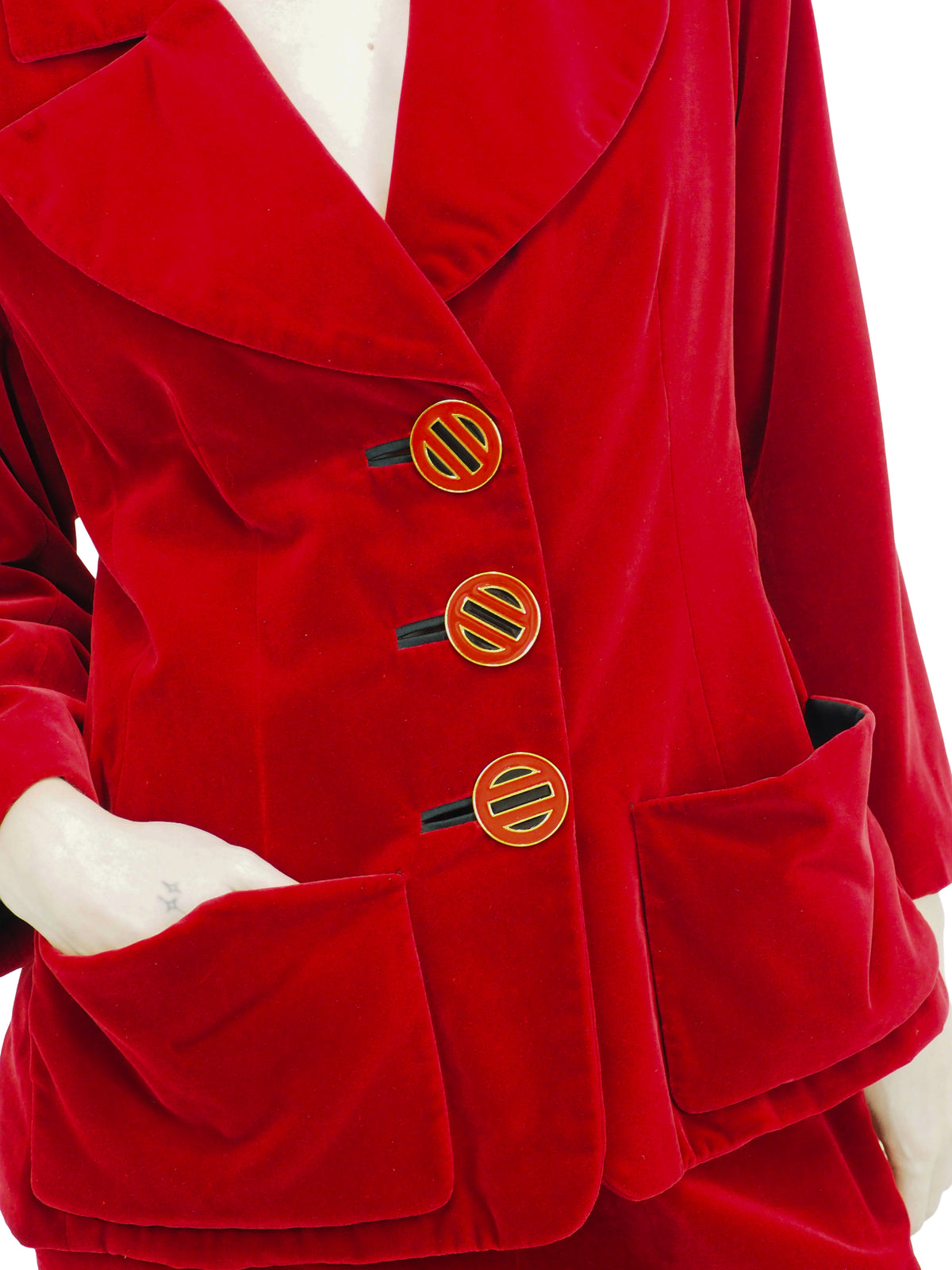 A vintage YSL matching deep red velvet blazer with graphic buttons and skirt set