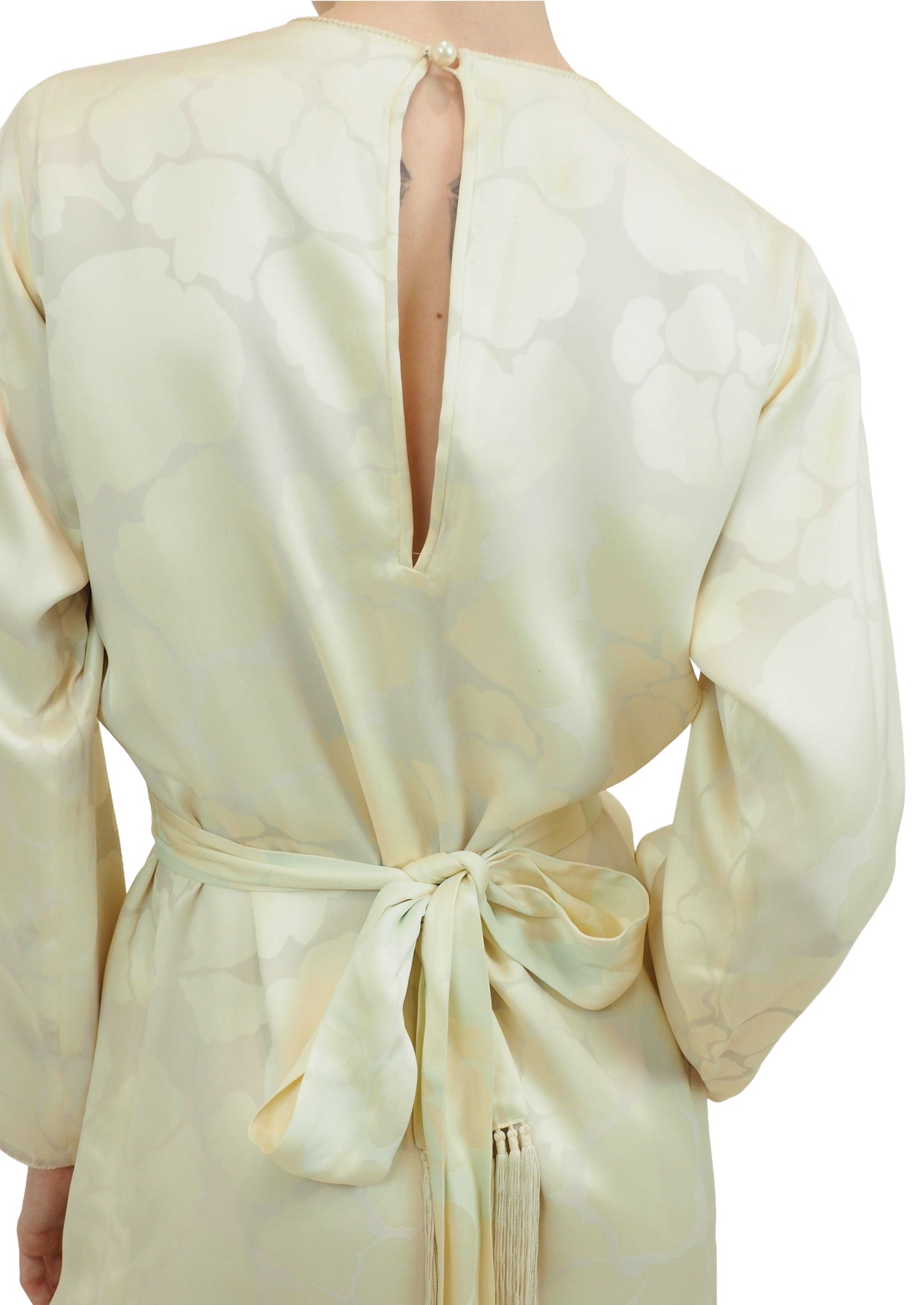 Yves Saint Laurent 1970's White Jacquard Caftan with Fringe Belt