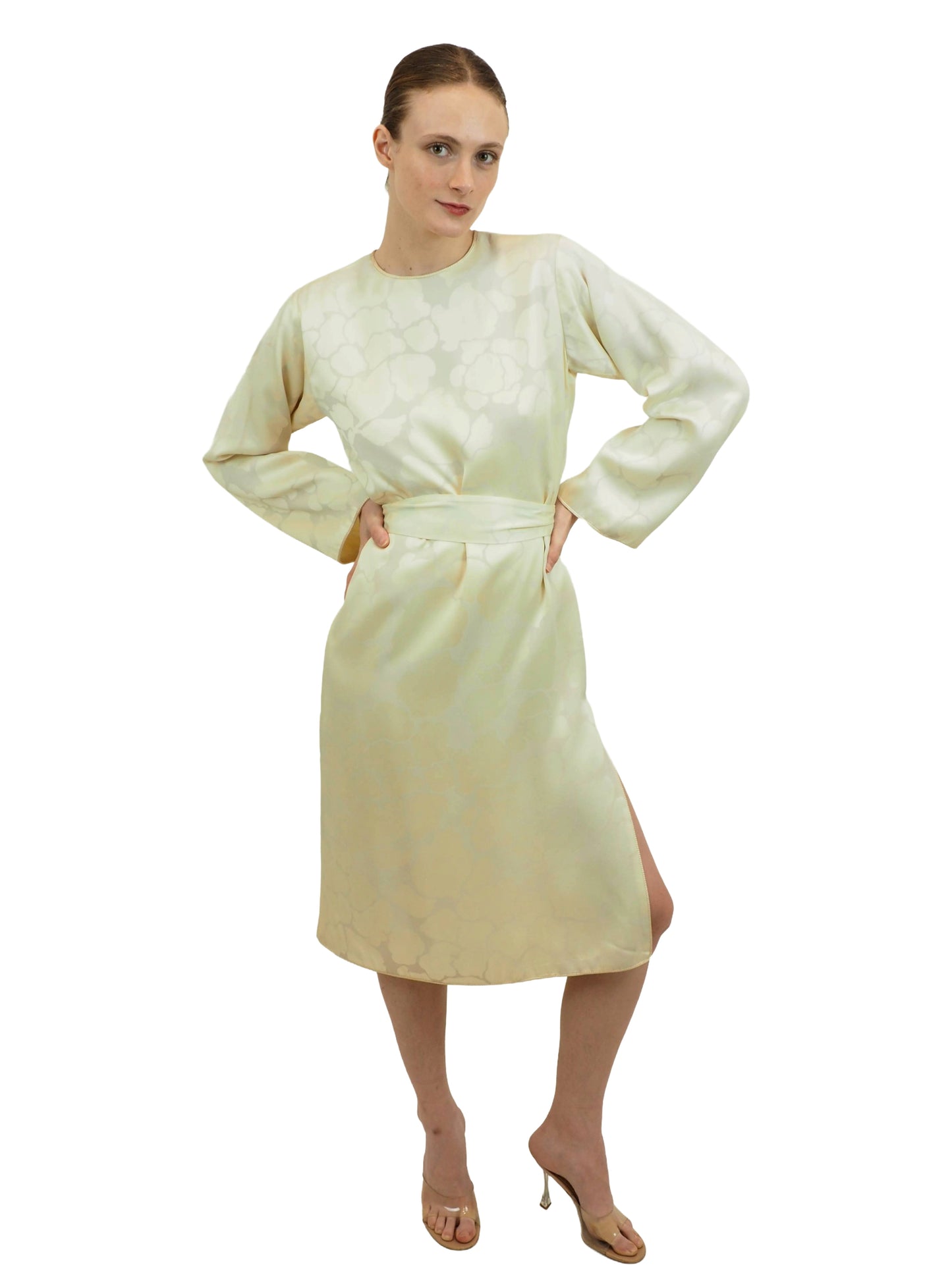 Yves Saint Laurent 1970's White Jacquard Dress/Caftan with Fringe Belt