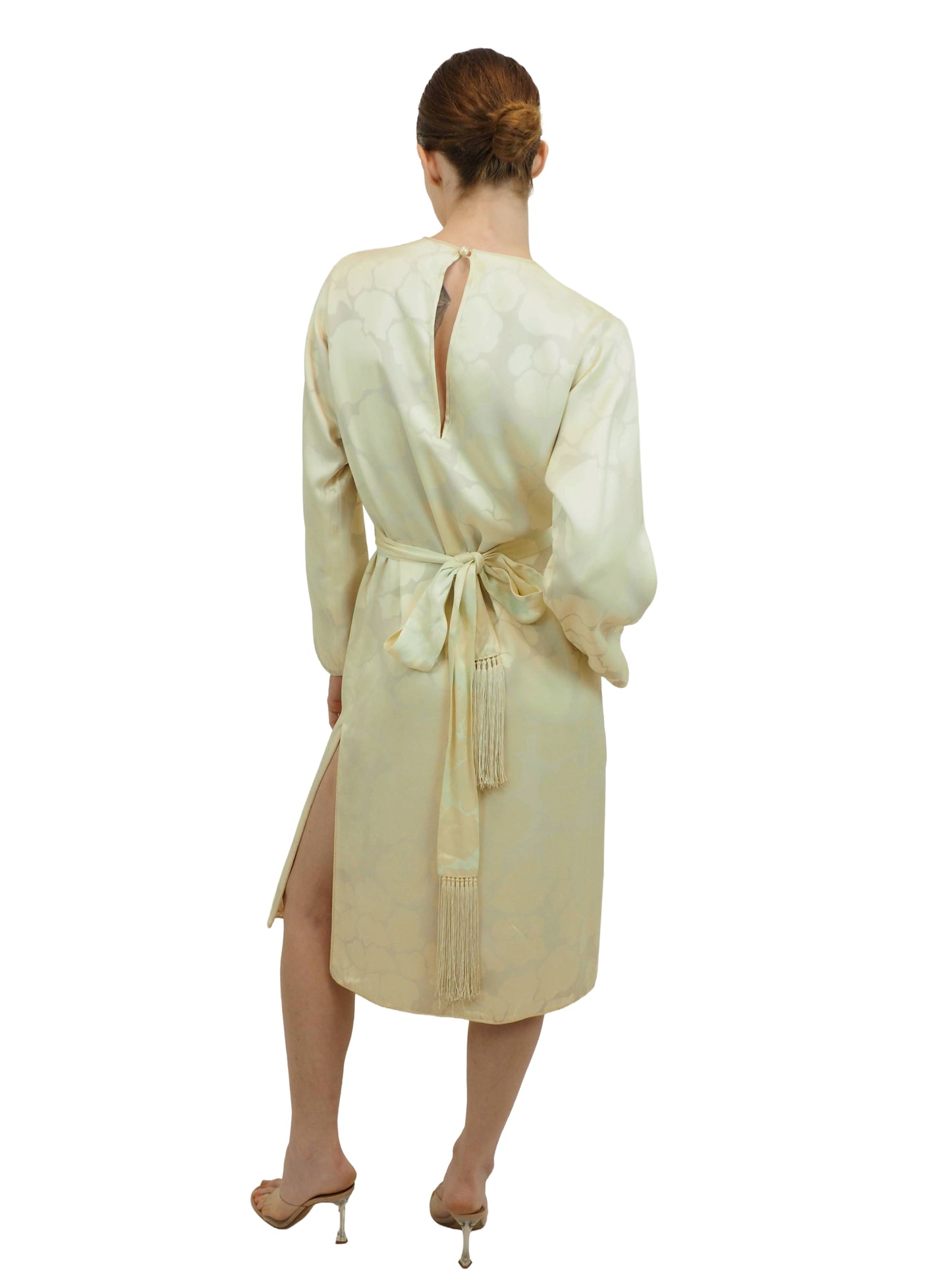 Yves Saint Laurent 1970's White Jacquard Dress with Fringe Belt