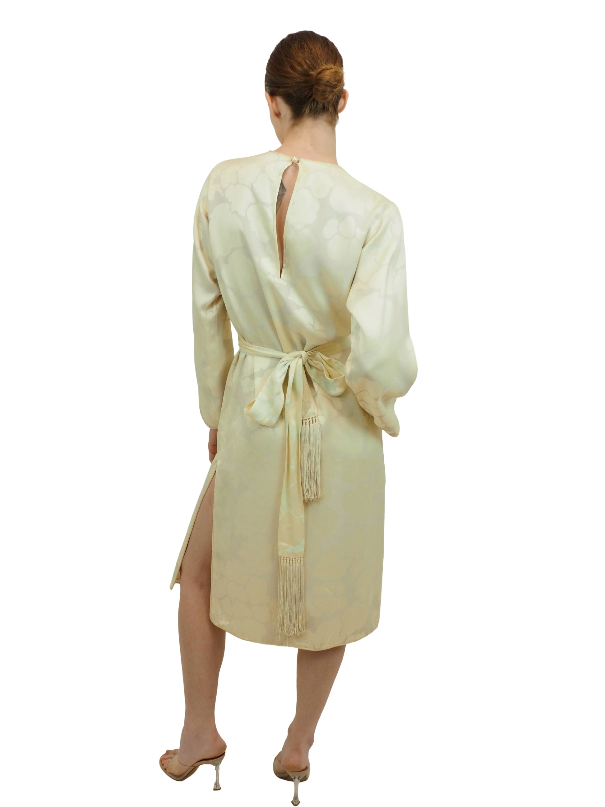 Yves Saint Laurent 1970's White Jacquard Dress with Fringe Belt