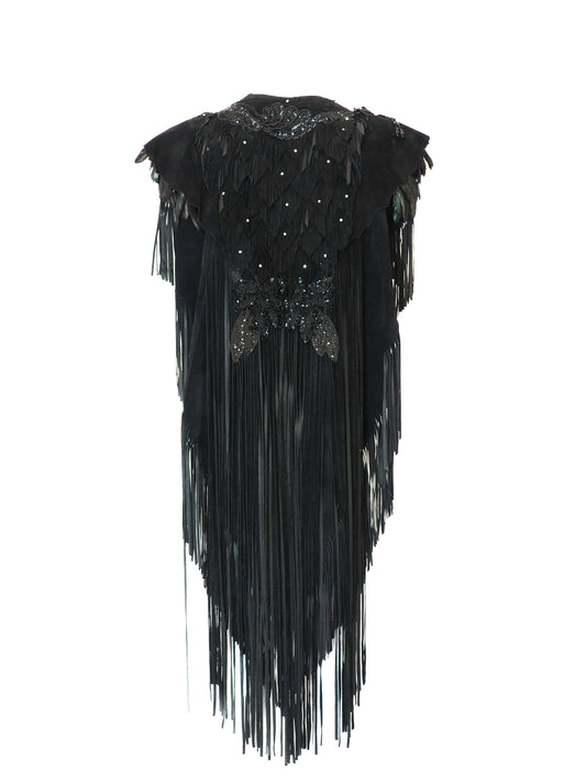 Black fringe dress with embellishments on a white background