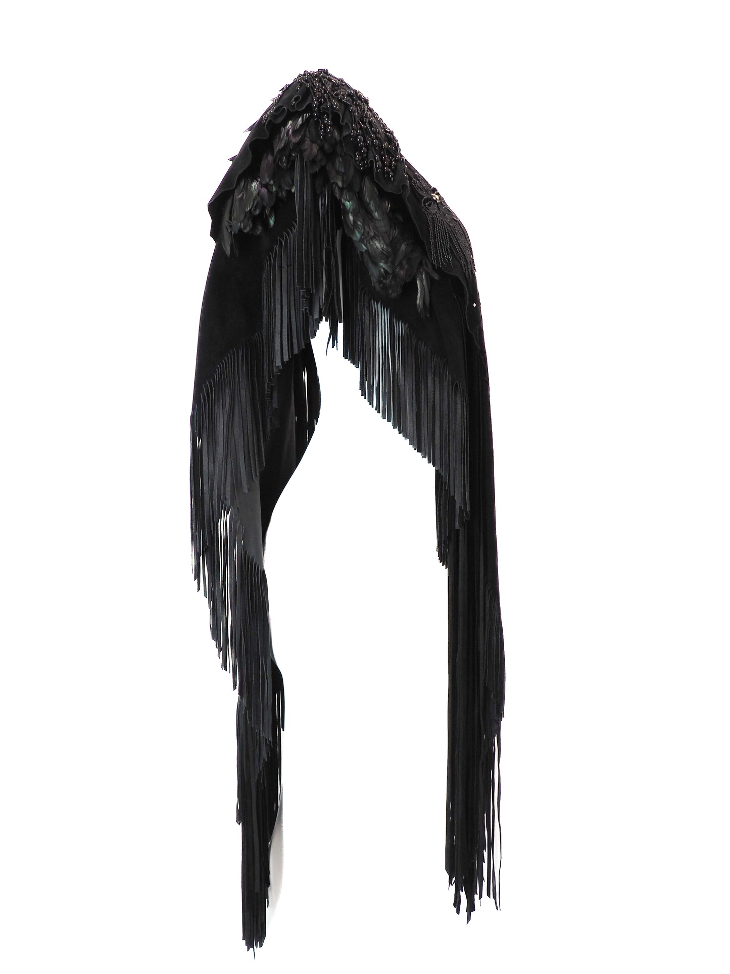 Black fringe garment on a white background