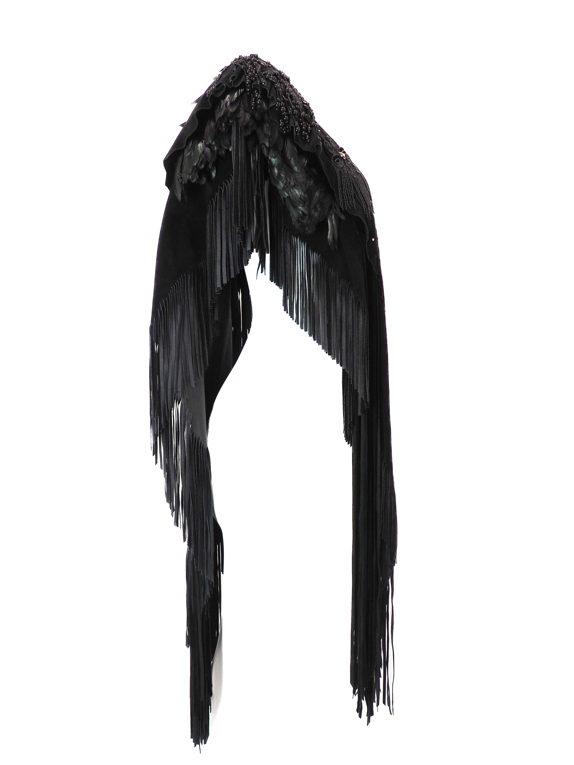 Black fringe garment on a white background