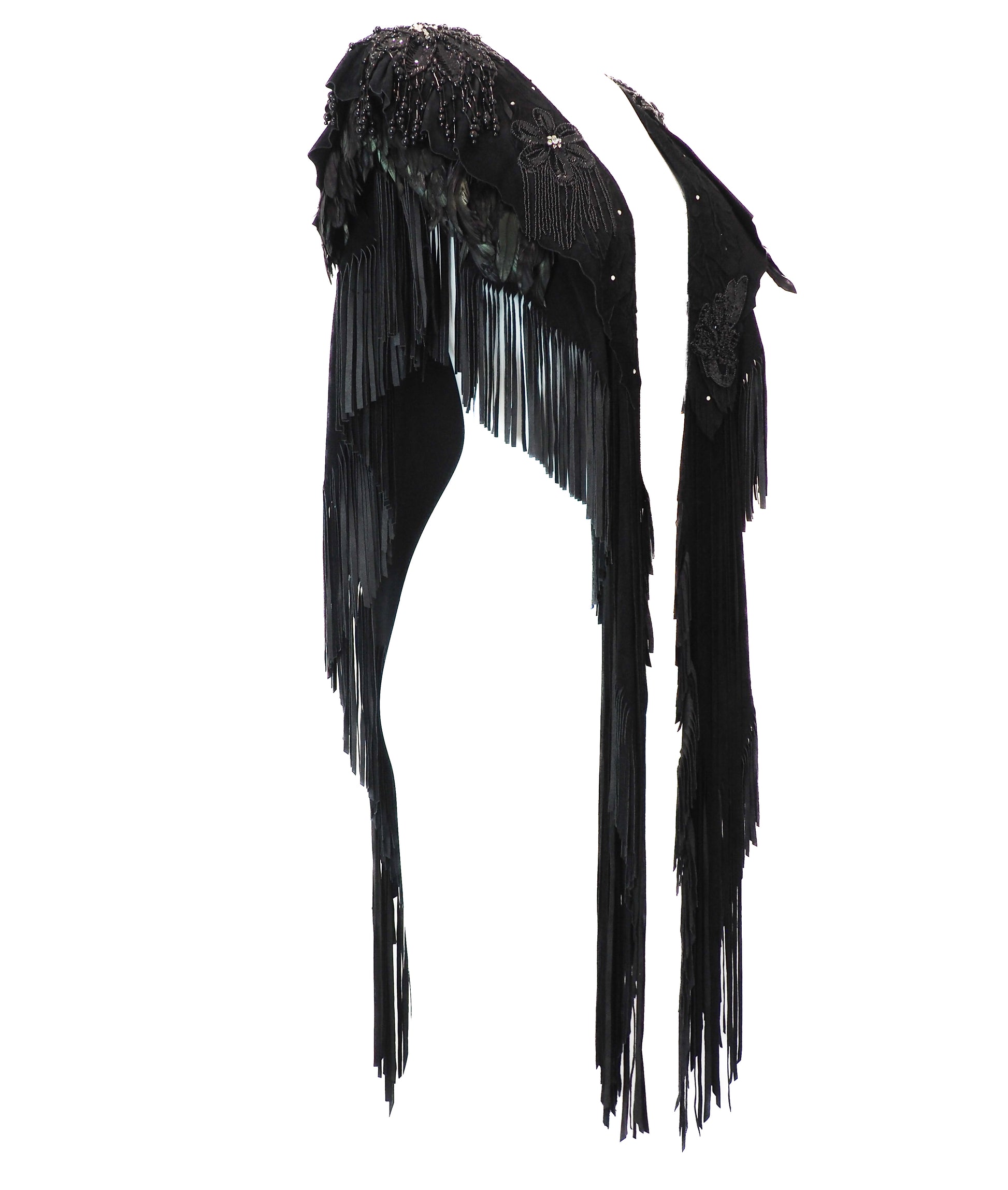 Black fringe garment on a white background