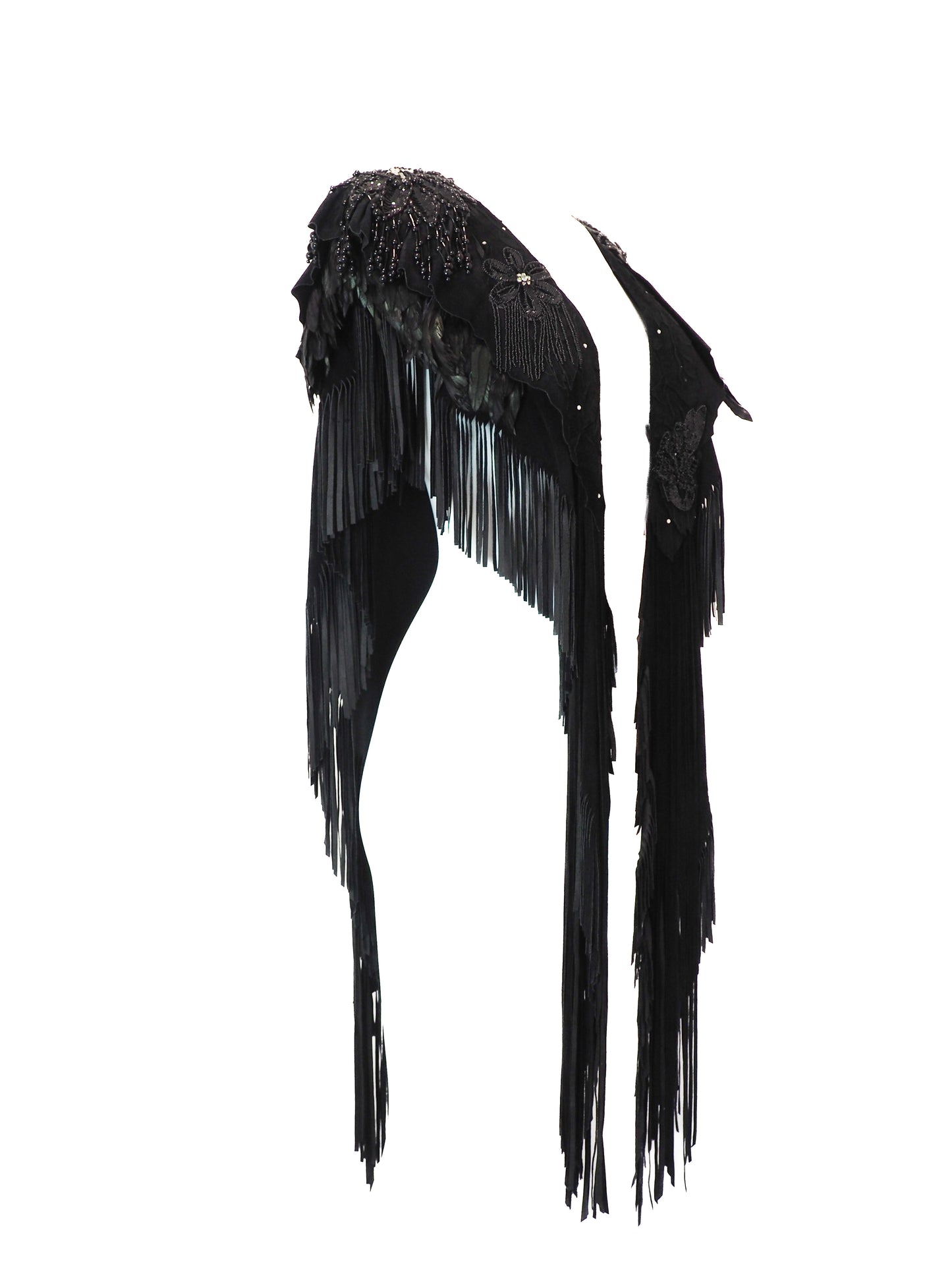 Black feathered shawl with fringe on a white background