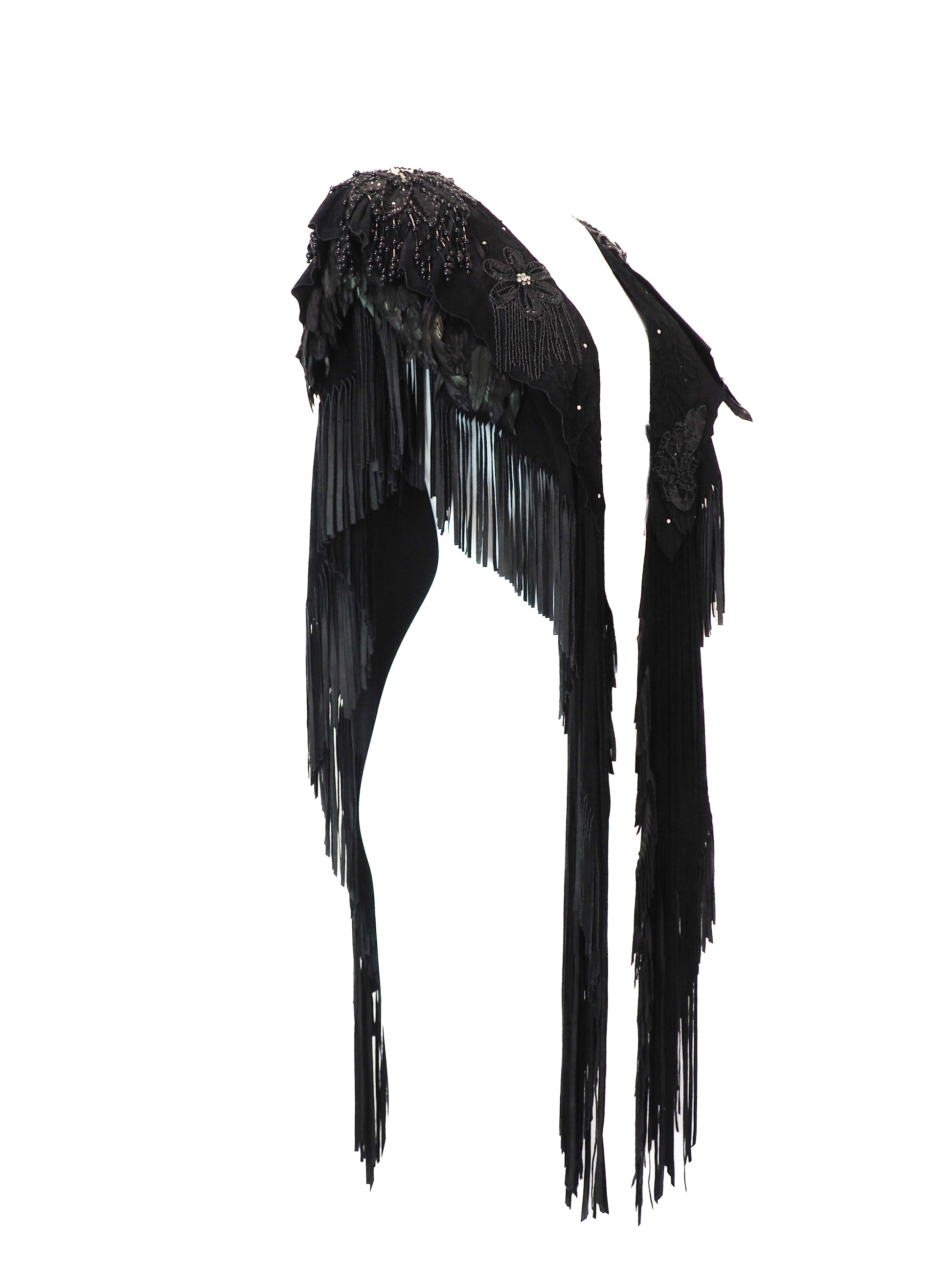 Black feathered shawl with fringe on a white background