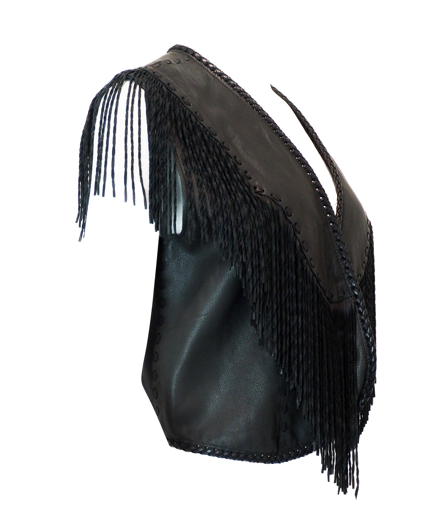 Black leather handbag with fringe details on a white background
