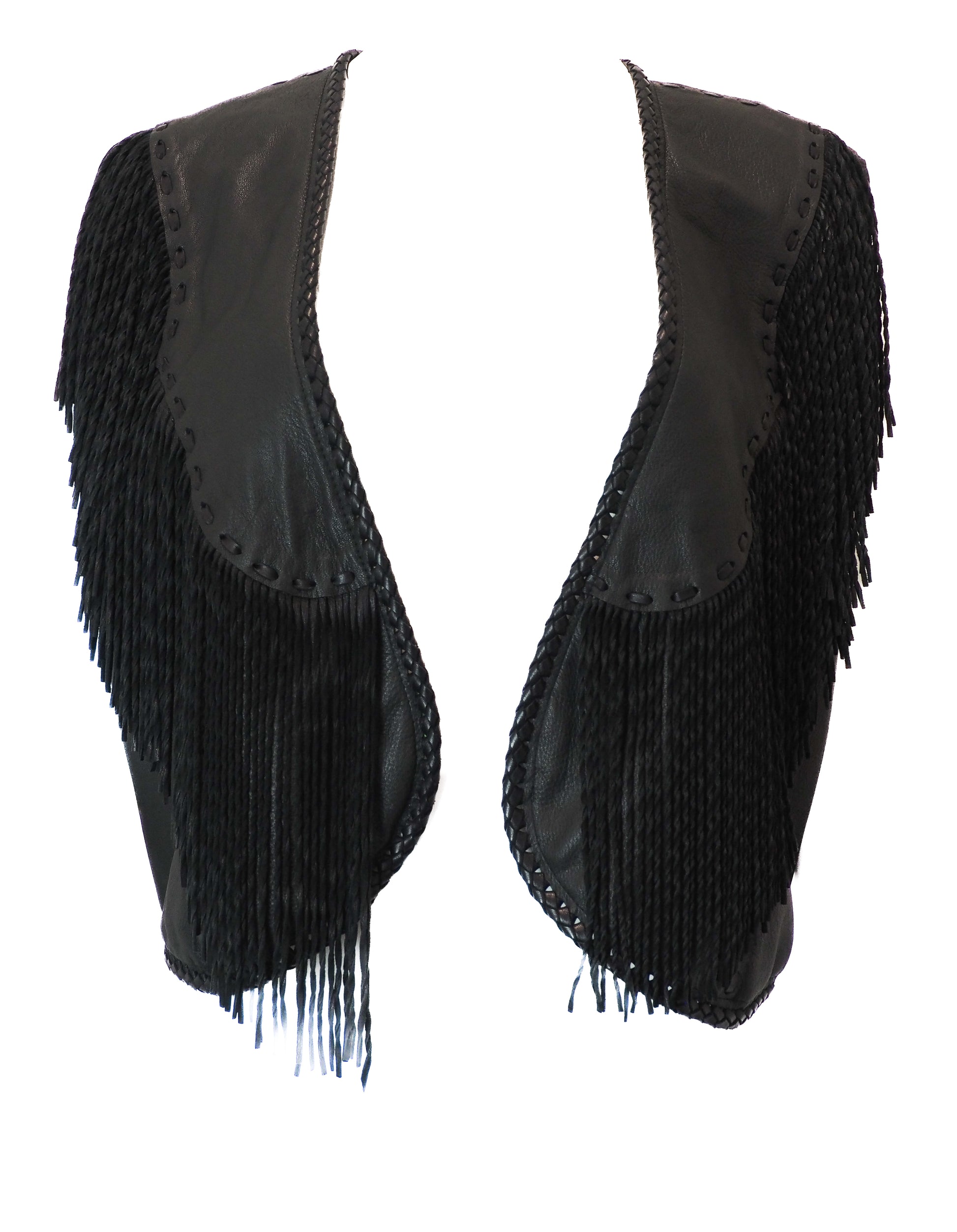 Black fringed vest on a white background