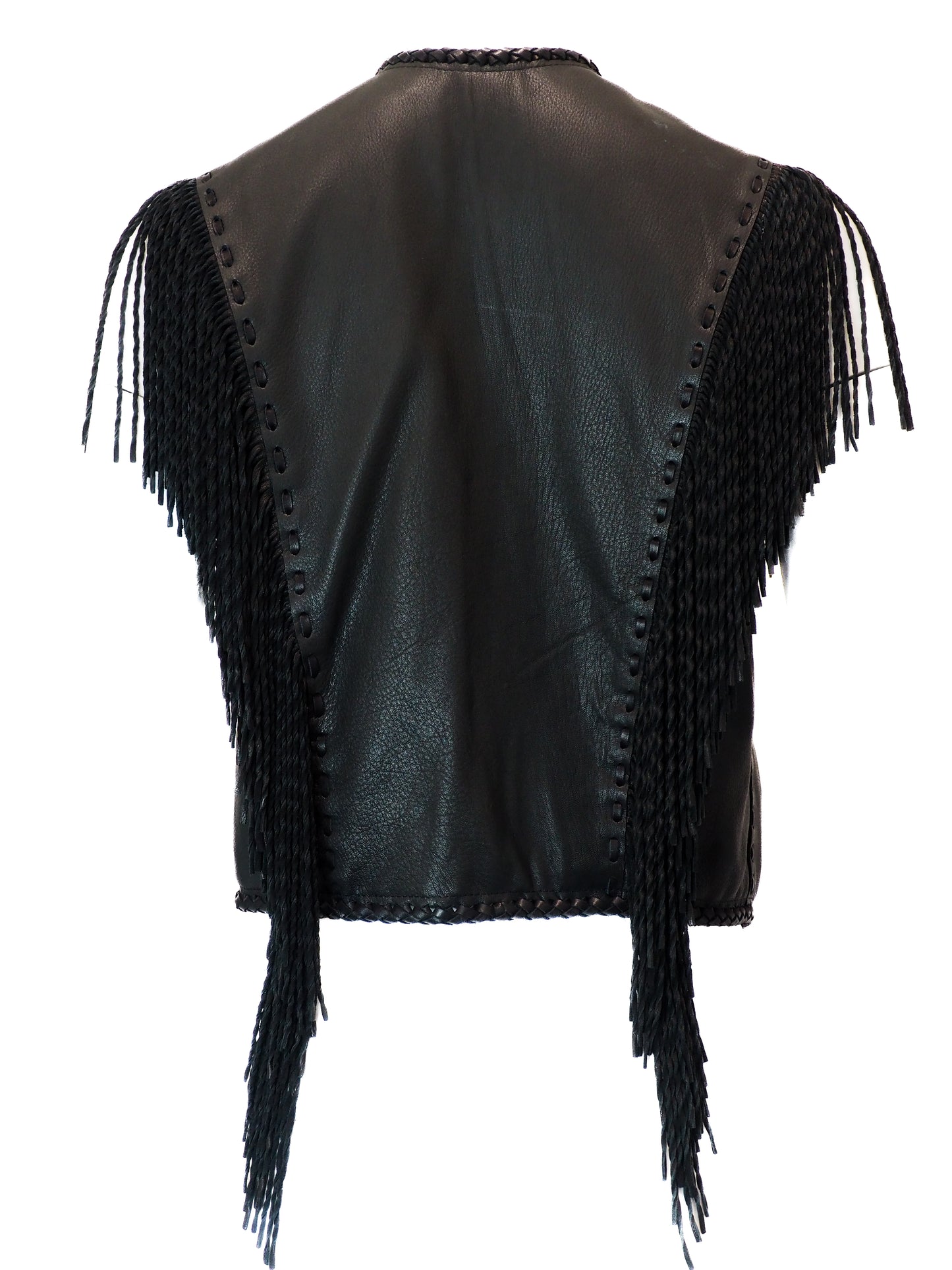 Black leather vest with fringe details on a white background