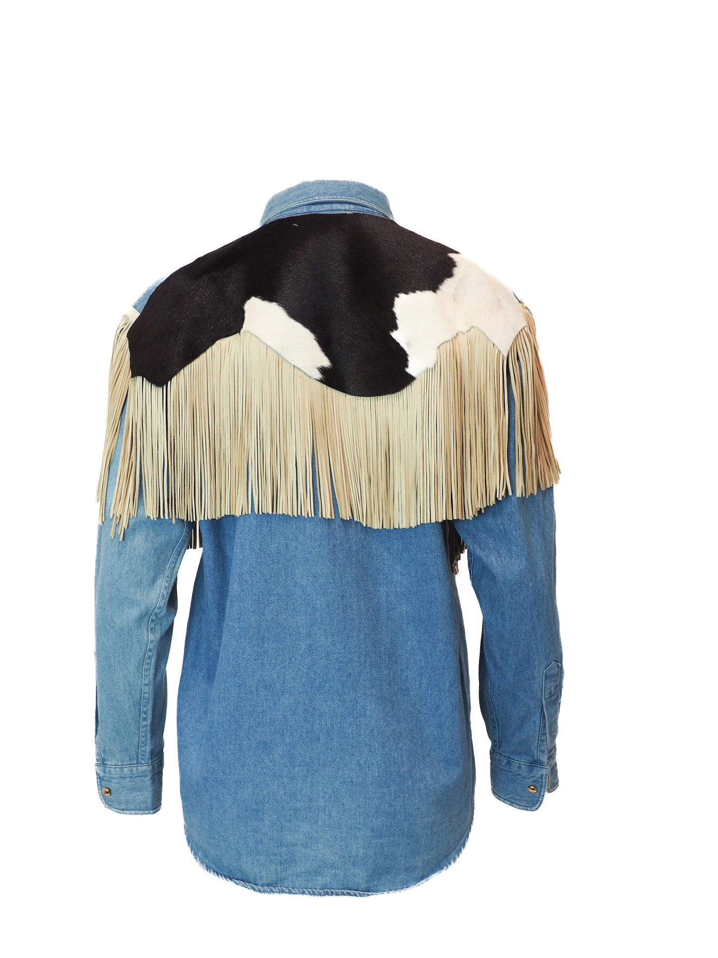 Blue denim jacket with cowhide leather and fringes on a white background