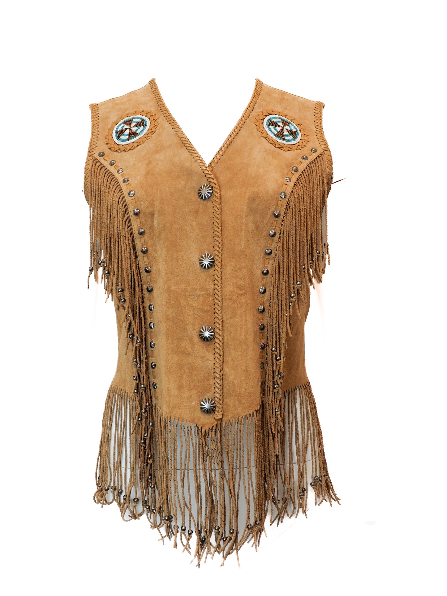 Brown leather vest with fringes and decorative studs on a white background
