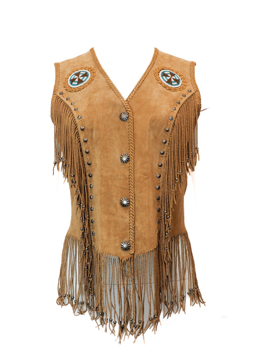 Brown leather vest with fringes and decorative studs on a white background