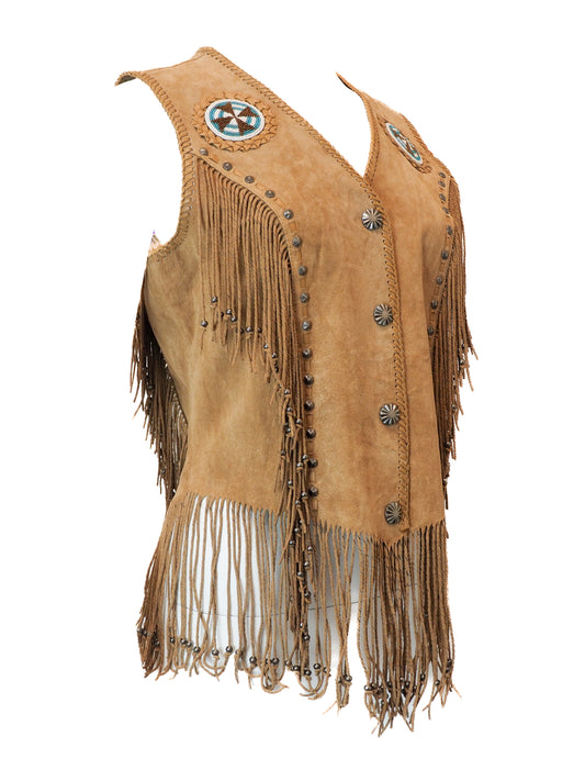 Brown suede vest with fringes and decorative buttons on a white background