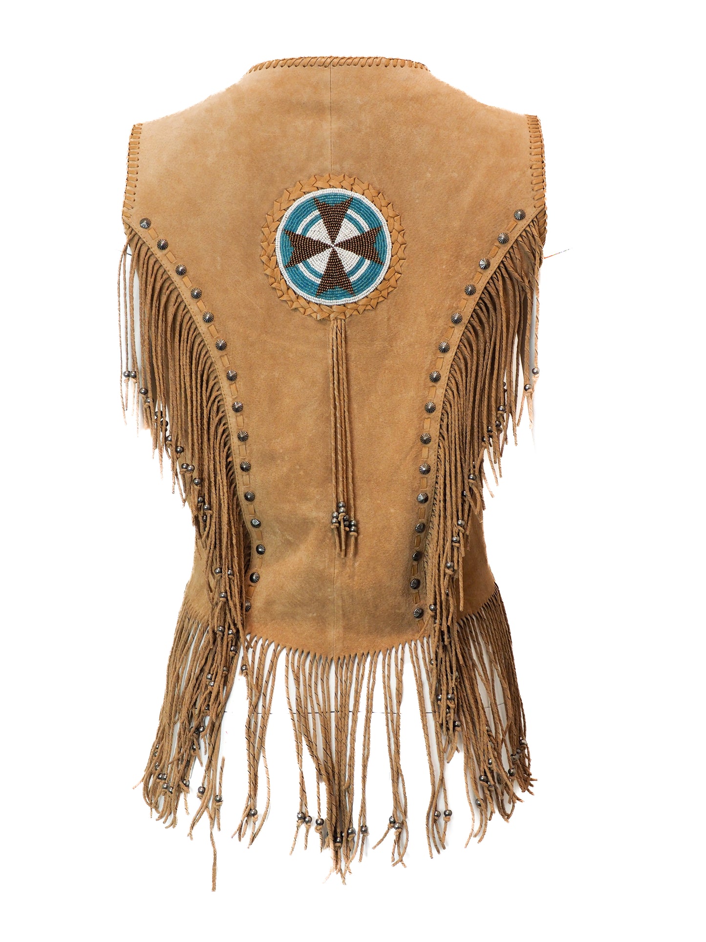 Brown suede vest with fringe and decorative emblem on a white background