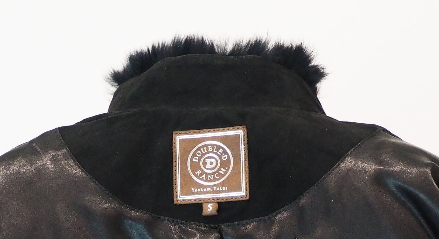 Vintage Doubled Ranch Black Suede Floral Embroidered Jacket Trimmed in Fur