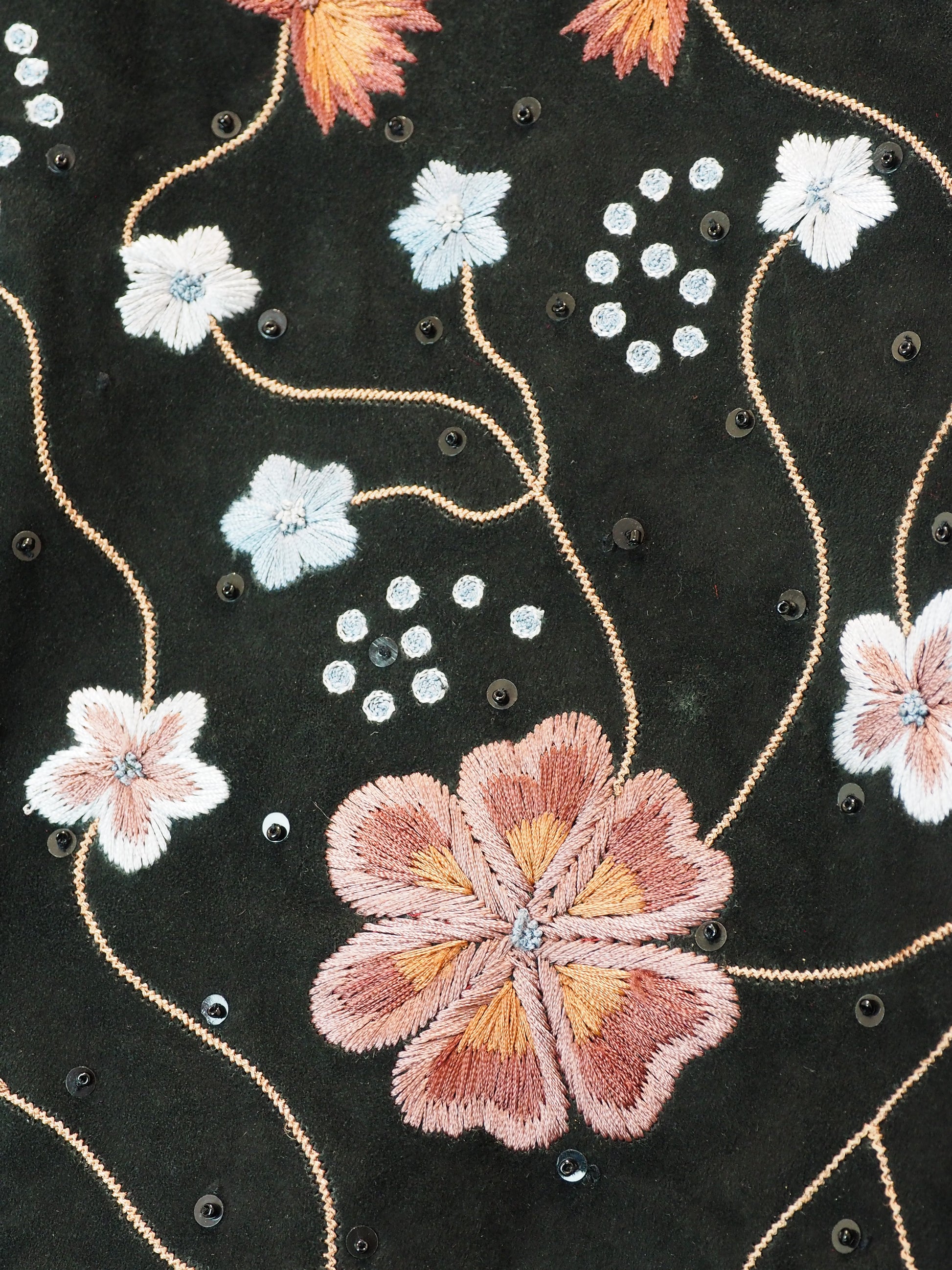 Close-up of embroidered flowers and patterns on a black background