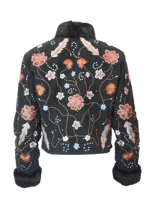 Black jacket with floral and feather patterns on a white background