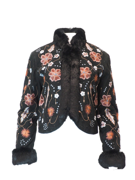 Black jacket with floral embroidery and fur trim on a white background