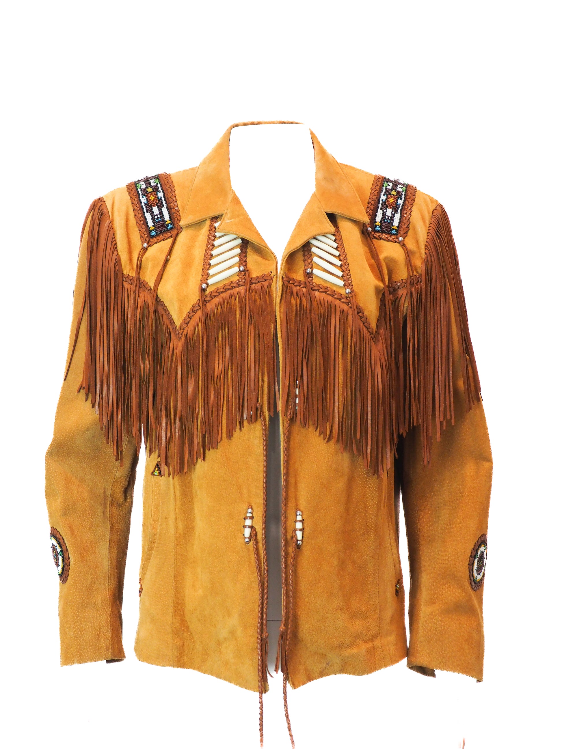 Brown leather jacket with fringes and decorative elements on a white background
