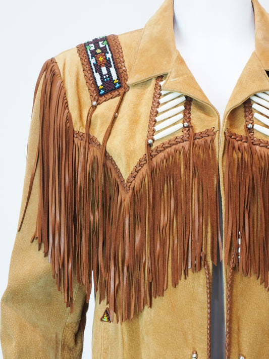 Tan leather jacket with fringes and beadwork on a white background