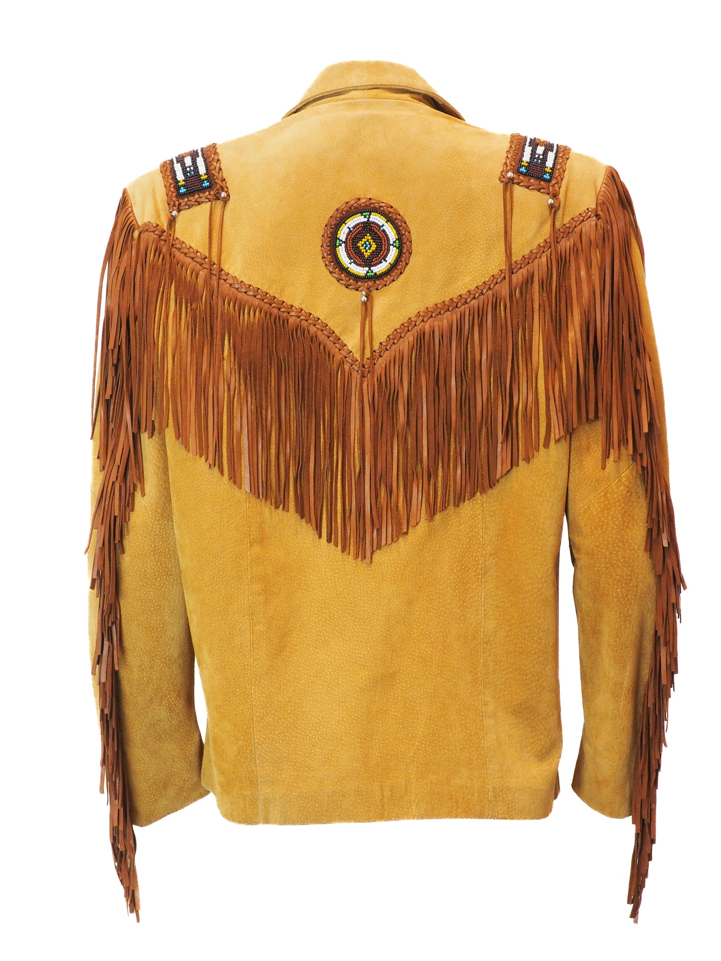 Brown suede jacket with fringes and beadwork on a white background