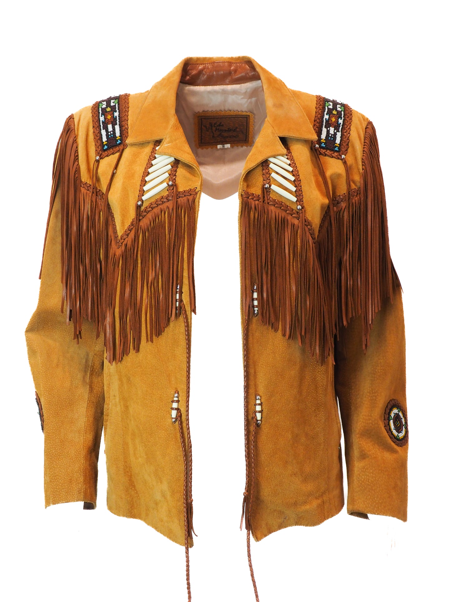 Brown suede jacket with fringes and bead embellishments on a white background