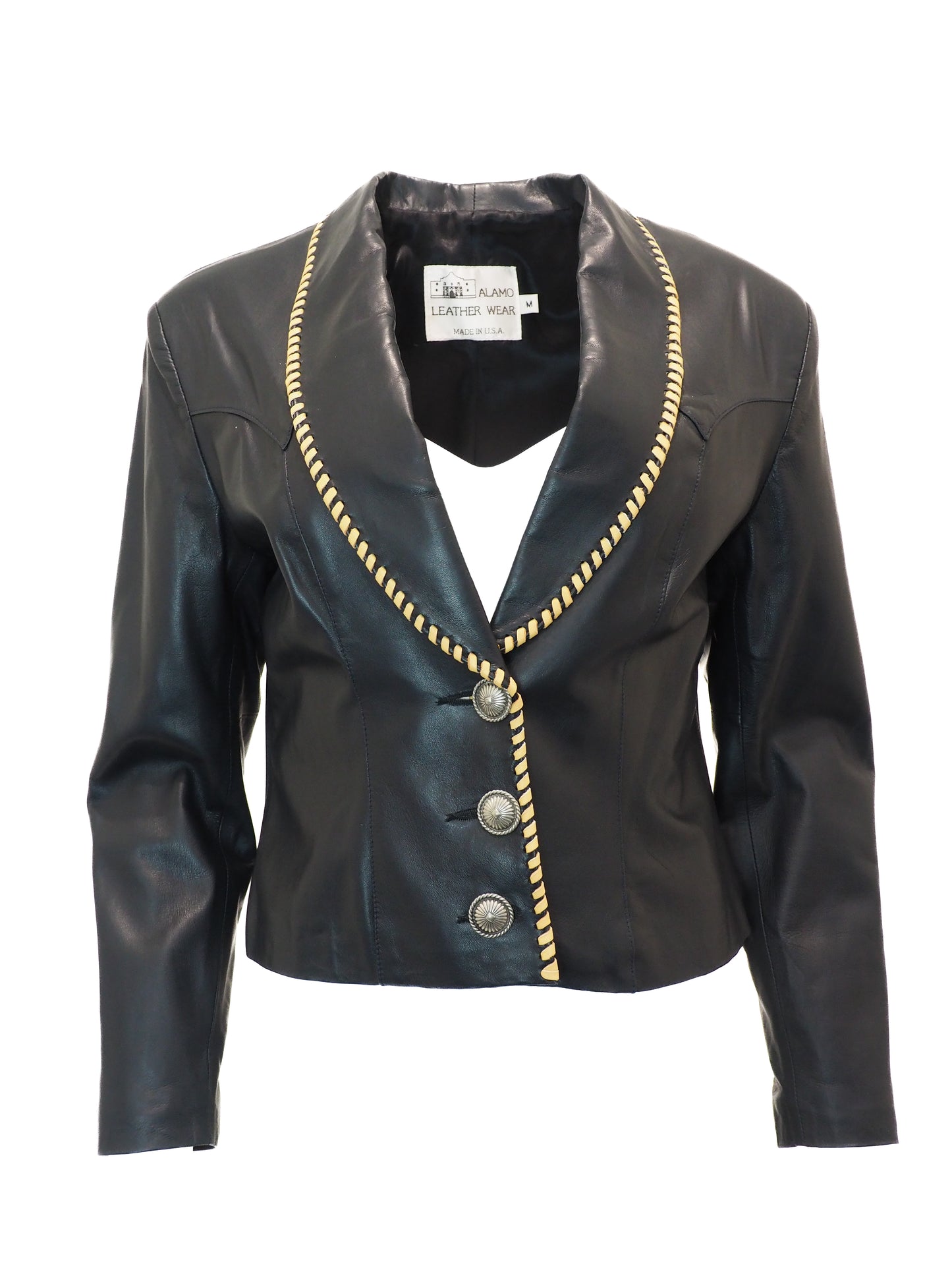 Black leather jacket with beige trim on a white background