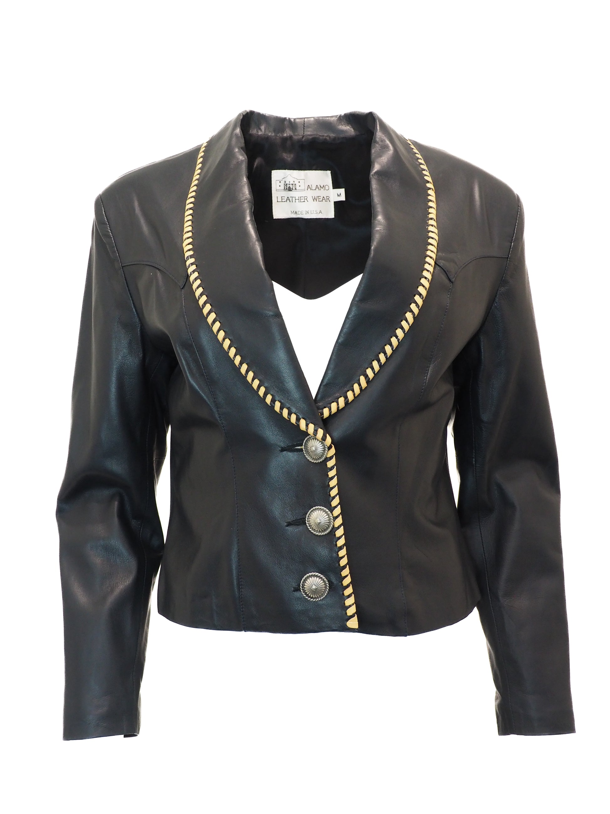 Black leather jacket with beige trim on a white background