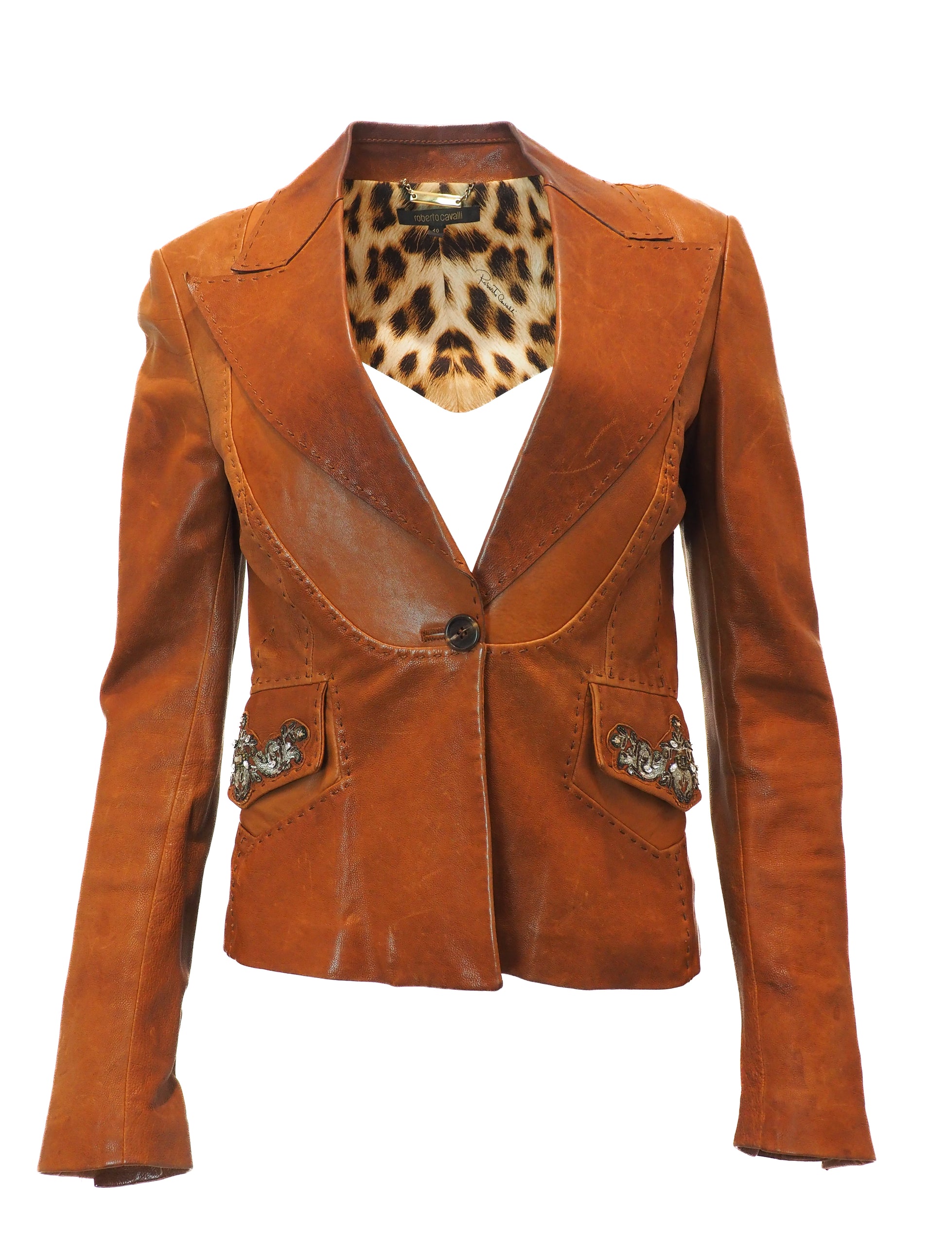 Brown blazer with decorative buttons on a white background