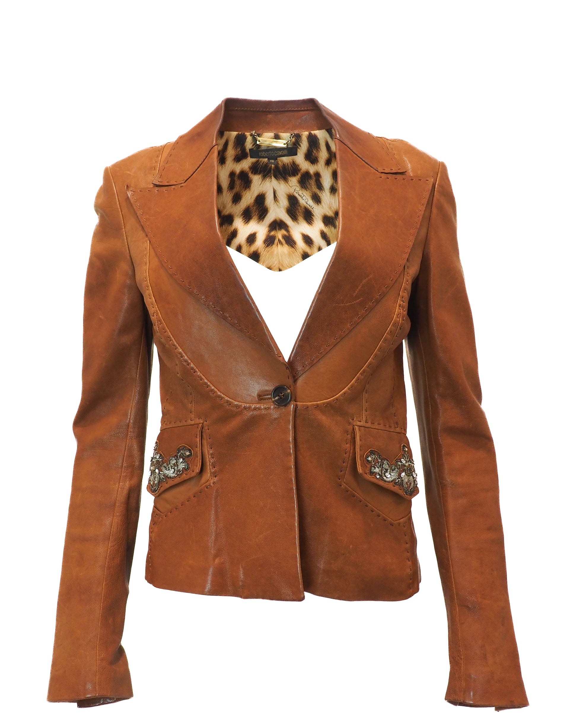 Brown blazer with leopard print collar on a white background