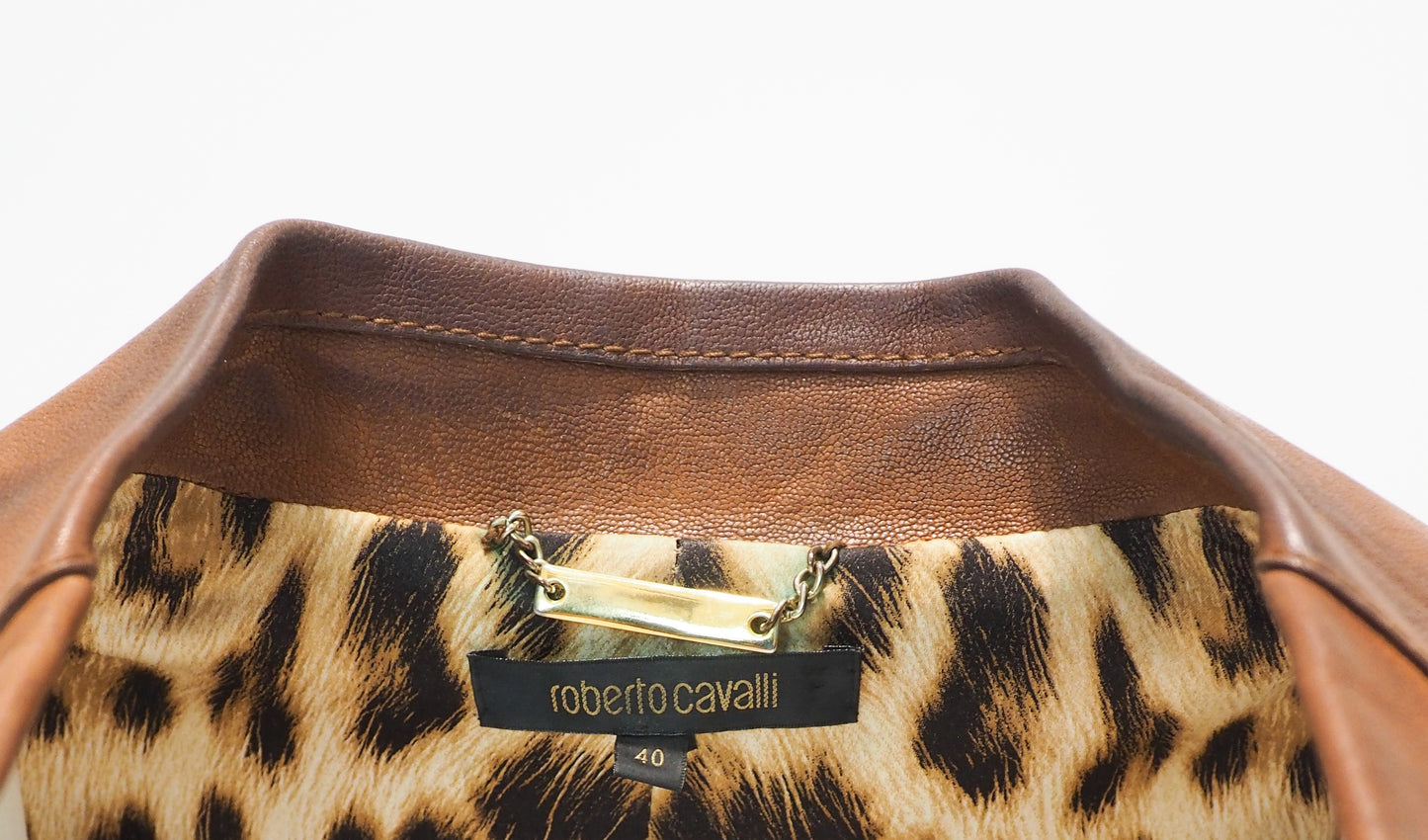 Vintage Roberto Cavalli Brown Leather Beaded Blazer with Stitching