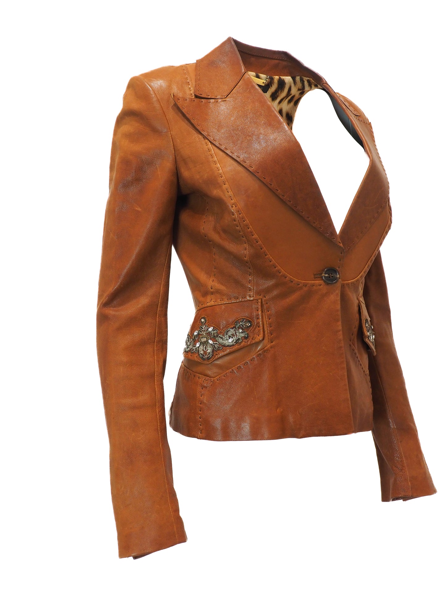 Brown leather jacket with decorative elements on a white background