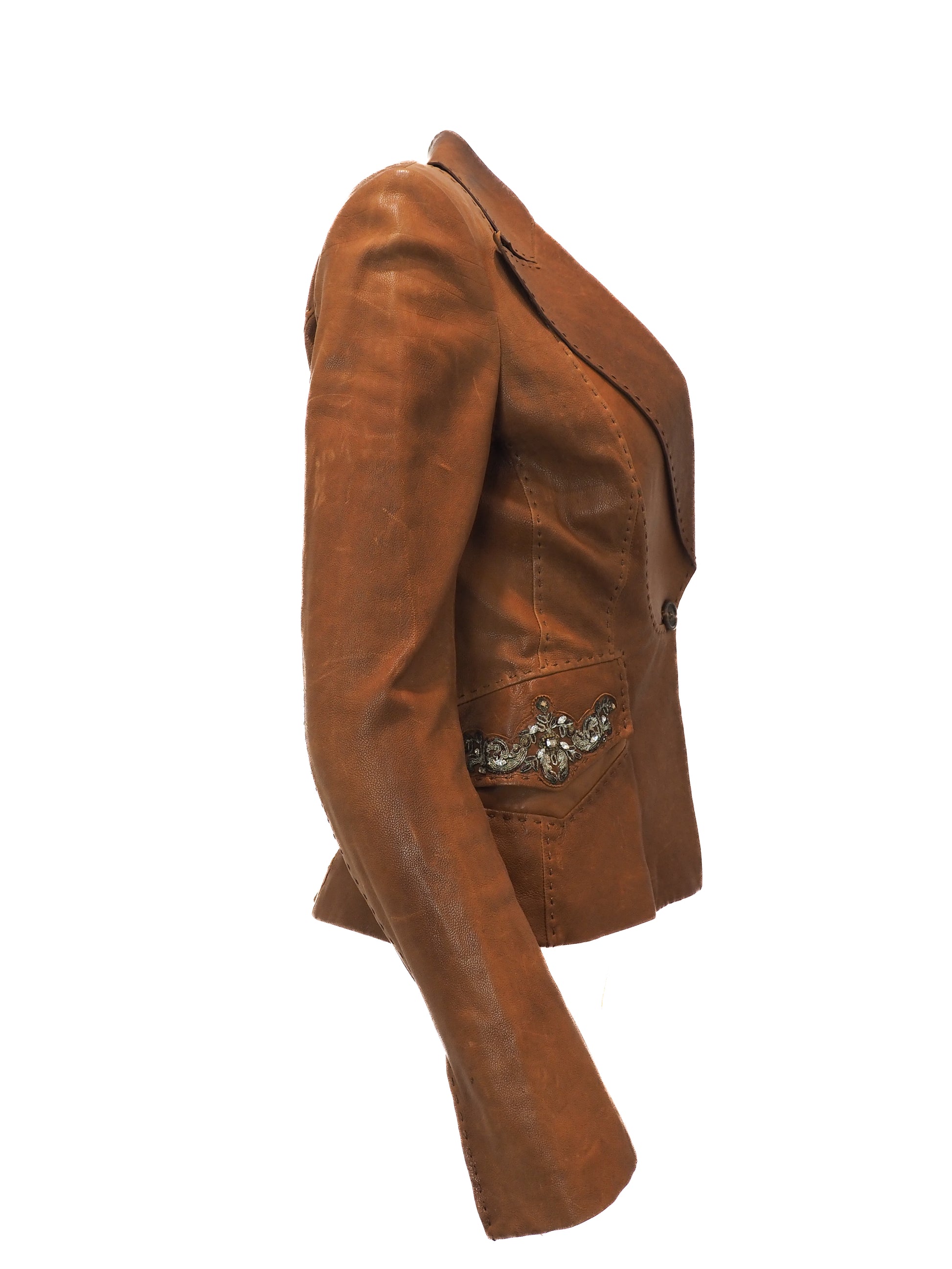 Brown leather jacket with decorative elements on a white background