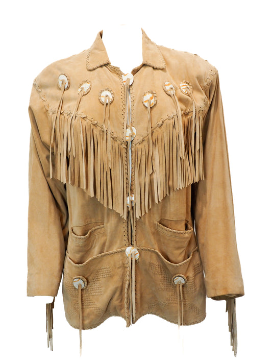 Beige fringed jacket with decorative elements on a white background